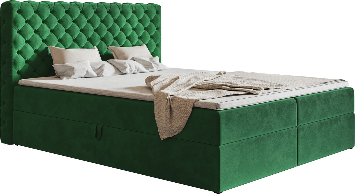 Posteľ Boxspring 140x200 cm Doro - manželská posteľ s matracom a topperom - dizajn Chesterfield, Glamour, dve zásuvky na posteľ - zamatová látka (zelená - Amor Velvet 4311)