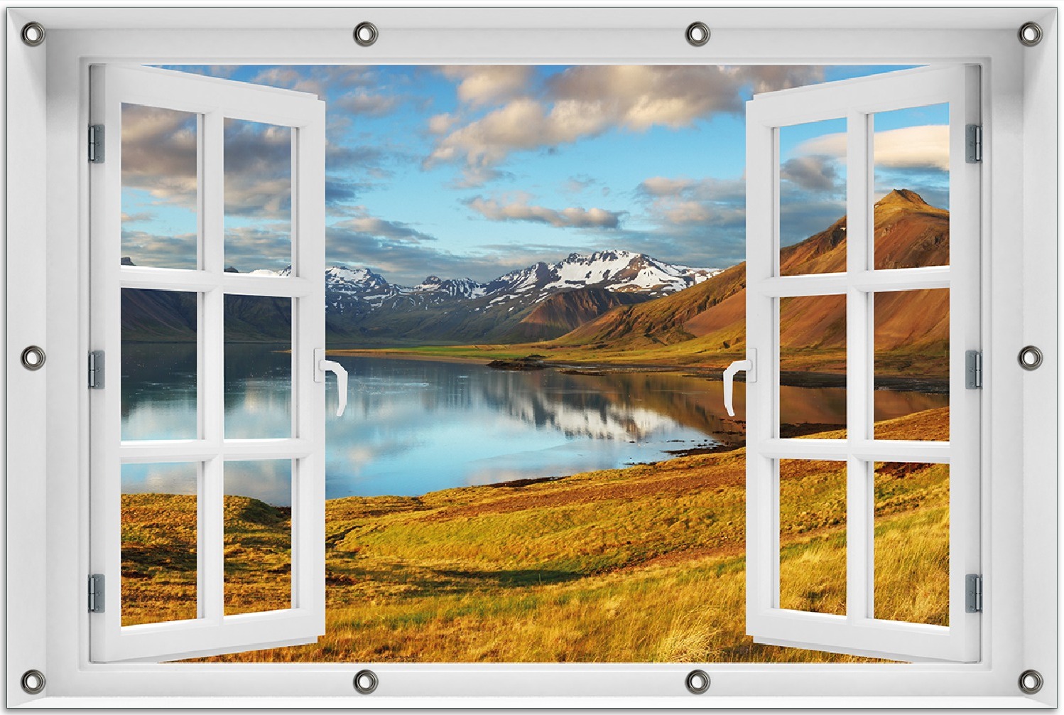 Wallario Outdoor-Poster für Garten oder Balkon 80 x 120 cm: Bergpanorama mit Spiegelung im See gofe0692-80120
