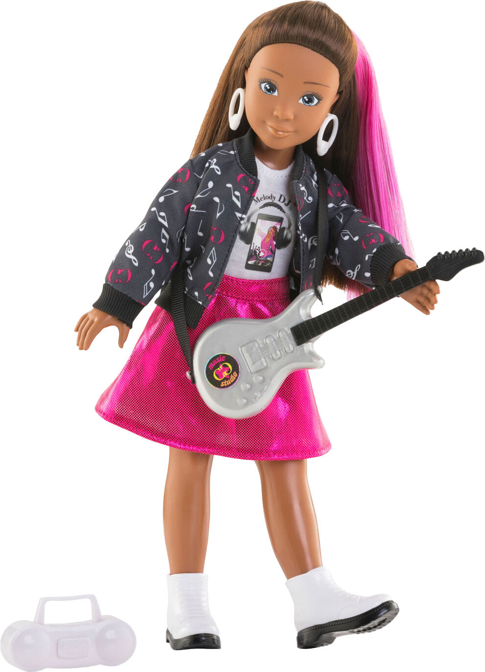 Corolle Girls Melody Musikstudio Set, Ankleidepuppe mit Pinker Strähne im Rockstaroutfit, 4-TLG. Zubehör, Vanilleduft, 28cm, ab 4 Jahre 5610695