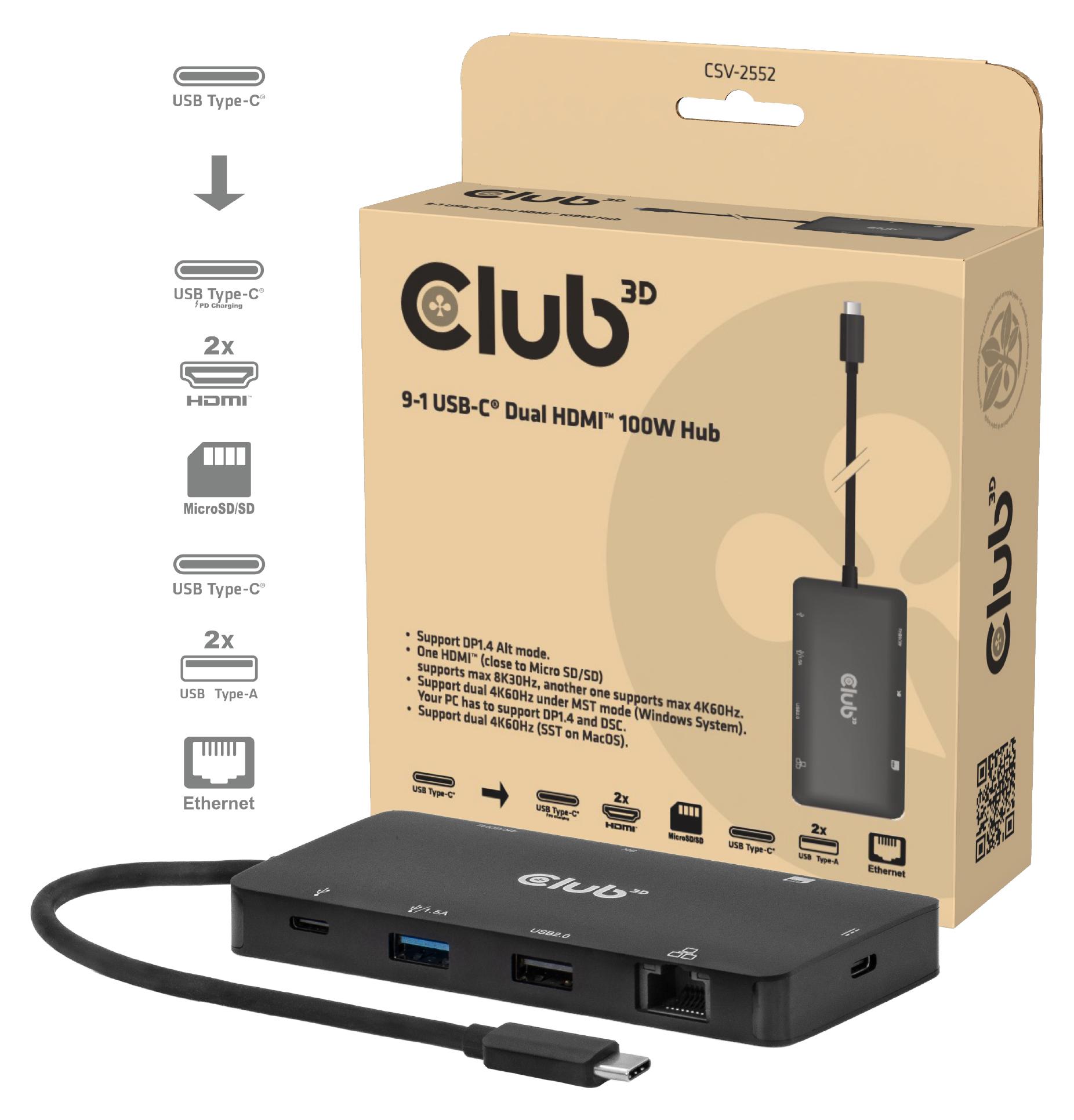 CLUB3D CSV-2552, USB Typ-C, HDMI, RJ-45, USB 3.2 Gen 1 (3.1 Gen 1) Type-A, USB 3.2 Gen 1 (3.1 Gen 1) Type-C, Microsd (transflash), SD, 5000 Mbit/s, 60 Hz, 3840 x 2160, 7680 x 4320