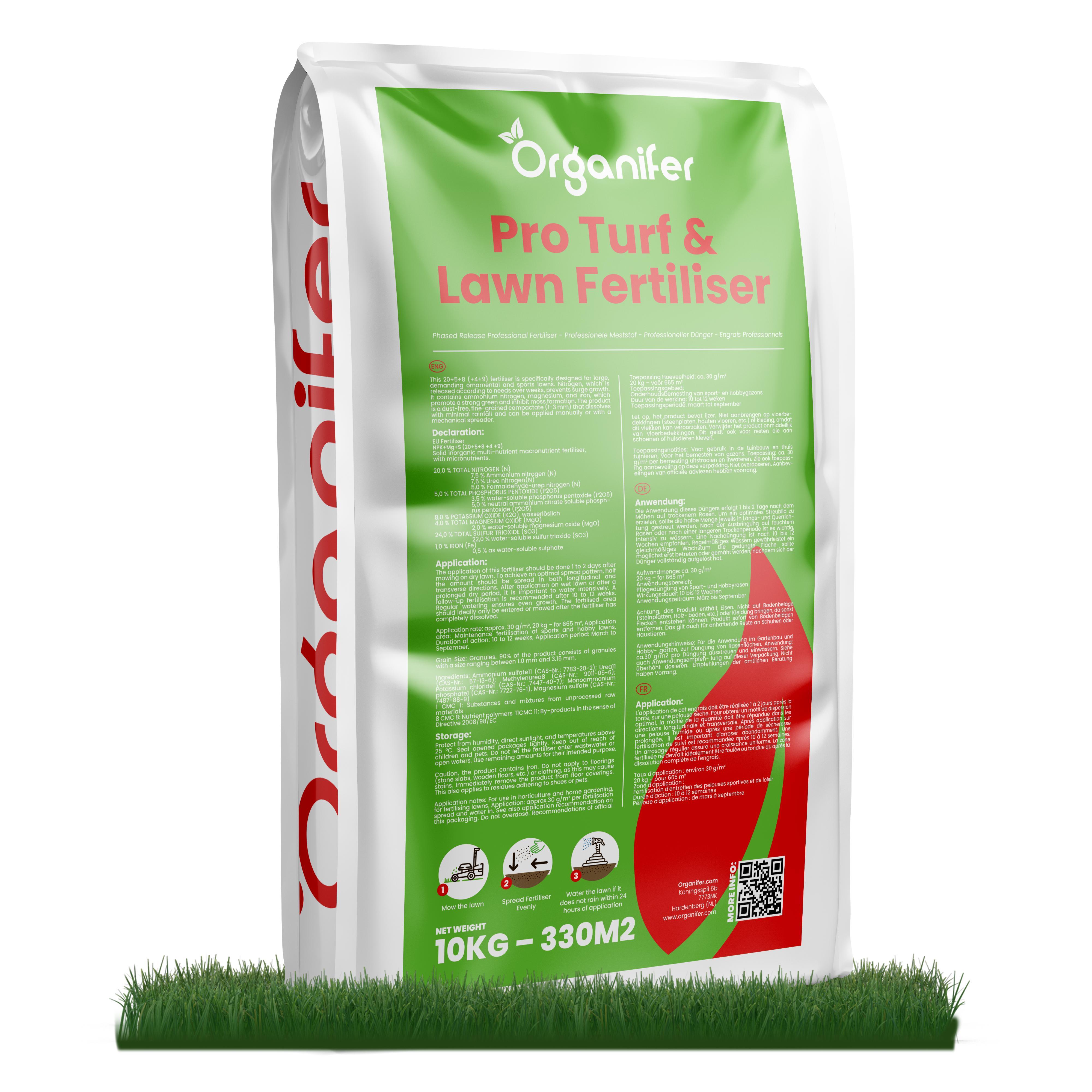 Pro Turf & Rasen Dünger – Phasenweise Freisetzung (10 kg – für 330 m2) - Organifer 204357