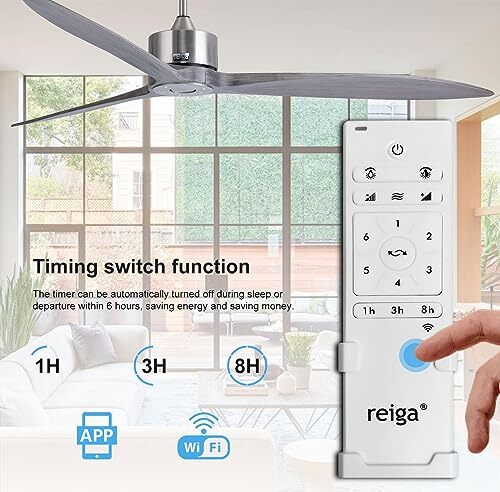 Reiga 165 cm DC Motor Smart Deckenlüfter ohne Beleuchtung WiFi Alexa App Fernbedienung, 6 Geschwindigkeiten, kompatible Lebens -App, Gray