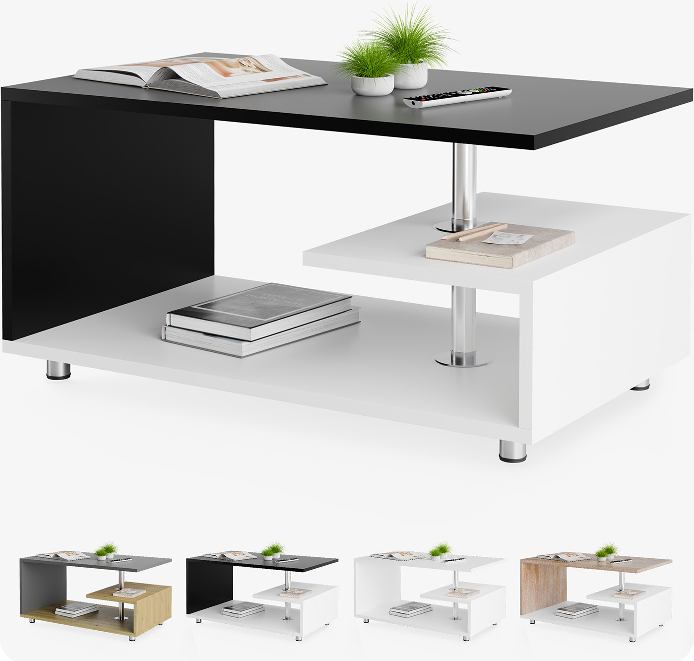 CASARIA® Couchtisch Schwarz Weiß Holz mit Stauraum 95x55cm Edelstahl Füße Höhenverstellbar Modern Ablage Eckig Beistelltisch Wohnzimmer Couch Tisch 29520