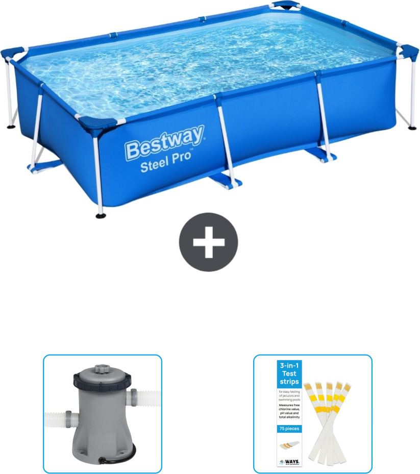 Obdĺžnikový bazén Bestway Steel Pro - 259 x 170 x 61 cm - modrý - vrátane čerpadla - testovacie prúžky