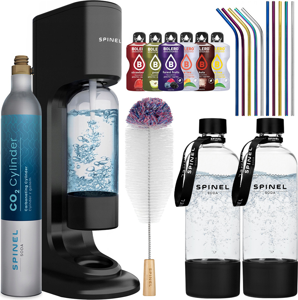 Výrobník sody SpinelSoda BubbleON + SpinelSoda kovové slamky x10 + Kefka na čistenie fliaš + Šnúrka na fľaše + Bolero
