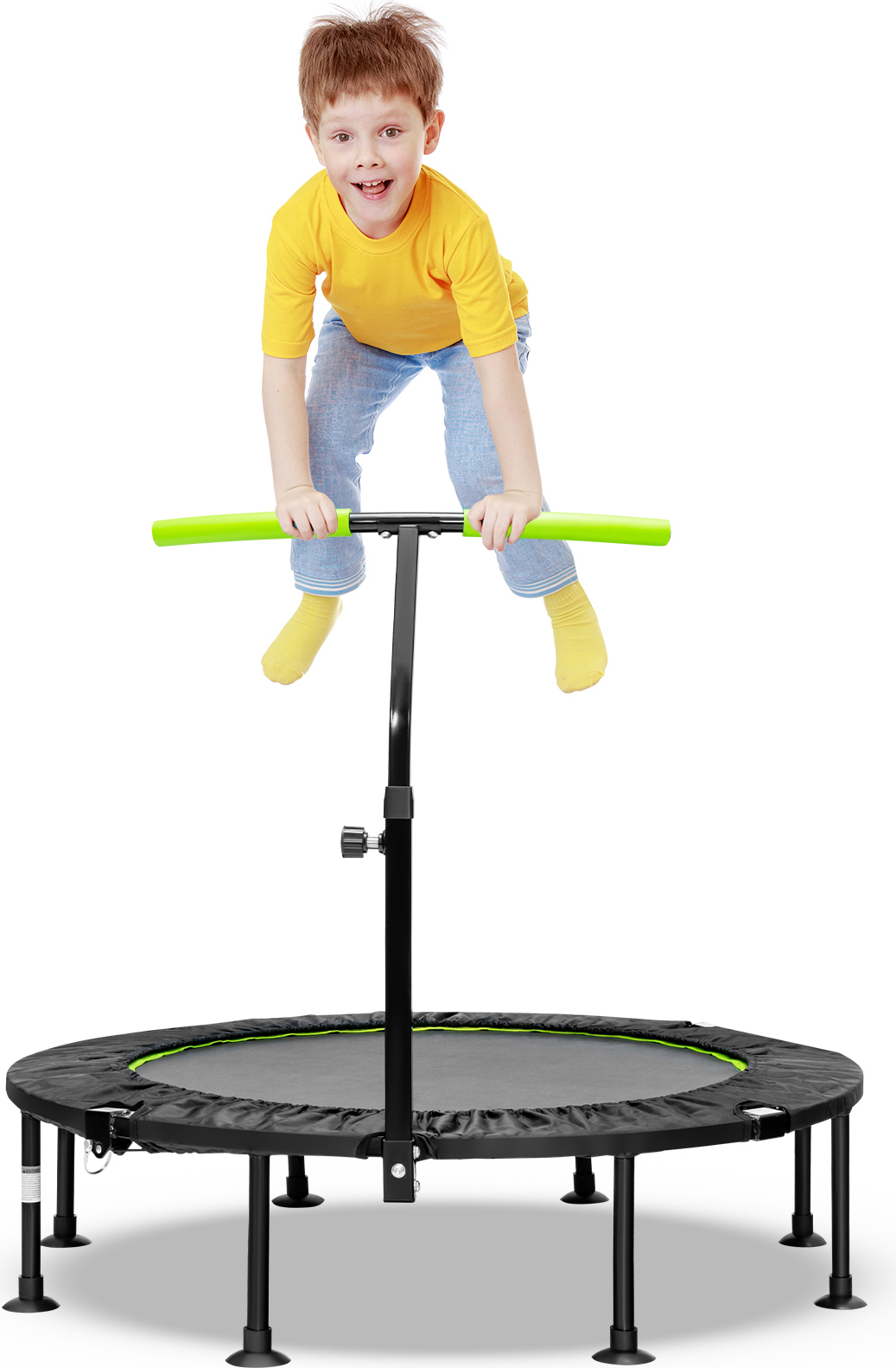 COSTWAY φ110cm mini trampolína skladacia s výškovo nastaviteľnou rukoväťou, detská trampolína s nosnosťou 100 kg Zelená