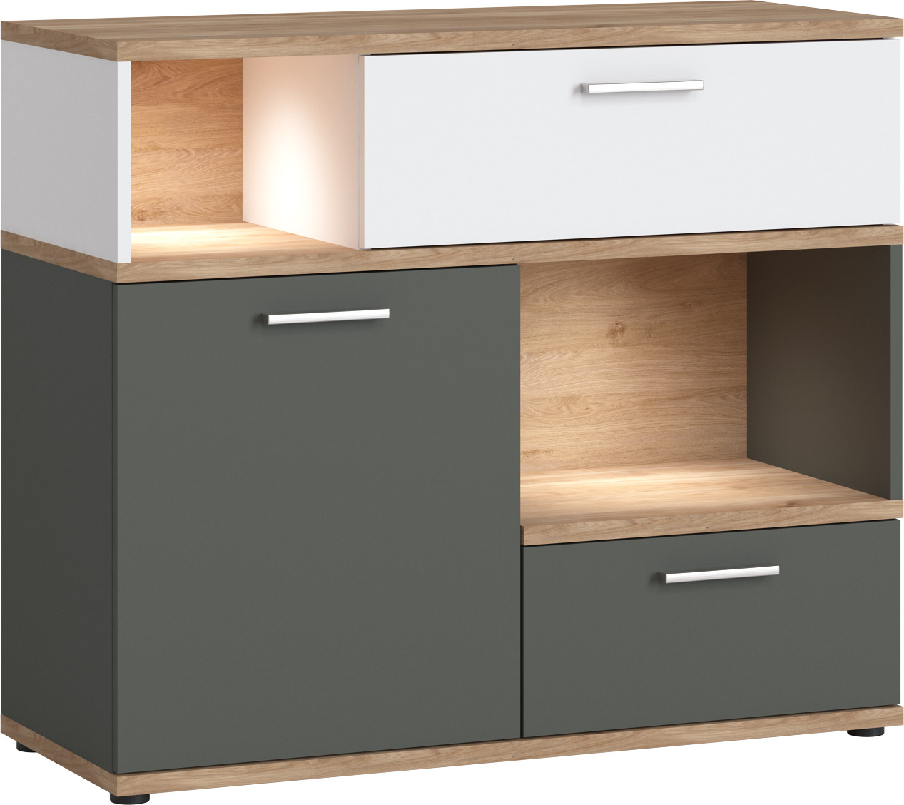 Lomadox Sideboard mit Beleuchtung in Eiche Nb. mit weiß und grau TOMAR-129, B/H/T ca. 100/86/40 cm TOMAR-129-SET5