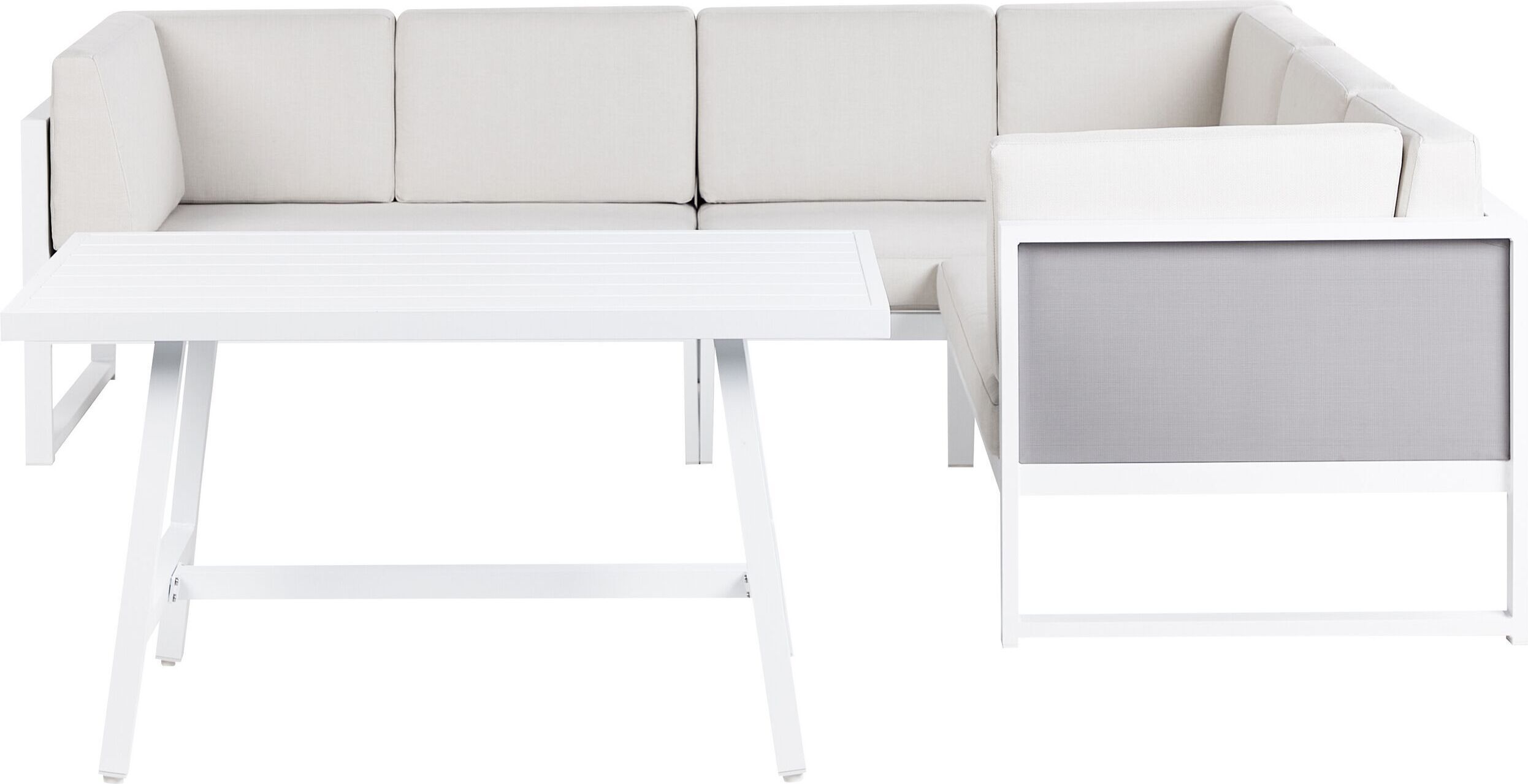 BELIANI Záhradná sedacia súprava biely hliníkový rám biele vankúše a podsedáky biely stôl modulárna vonkajšia pohovka v tvare L