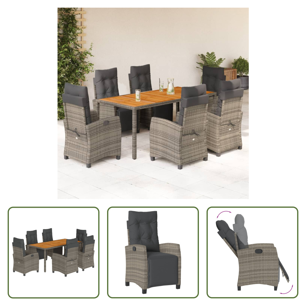 The Living Store 7-dielny záhradný jedálenský set s vankúšmi sivý polyratan