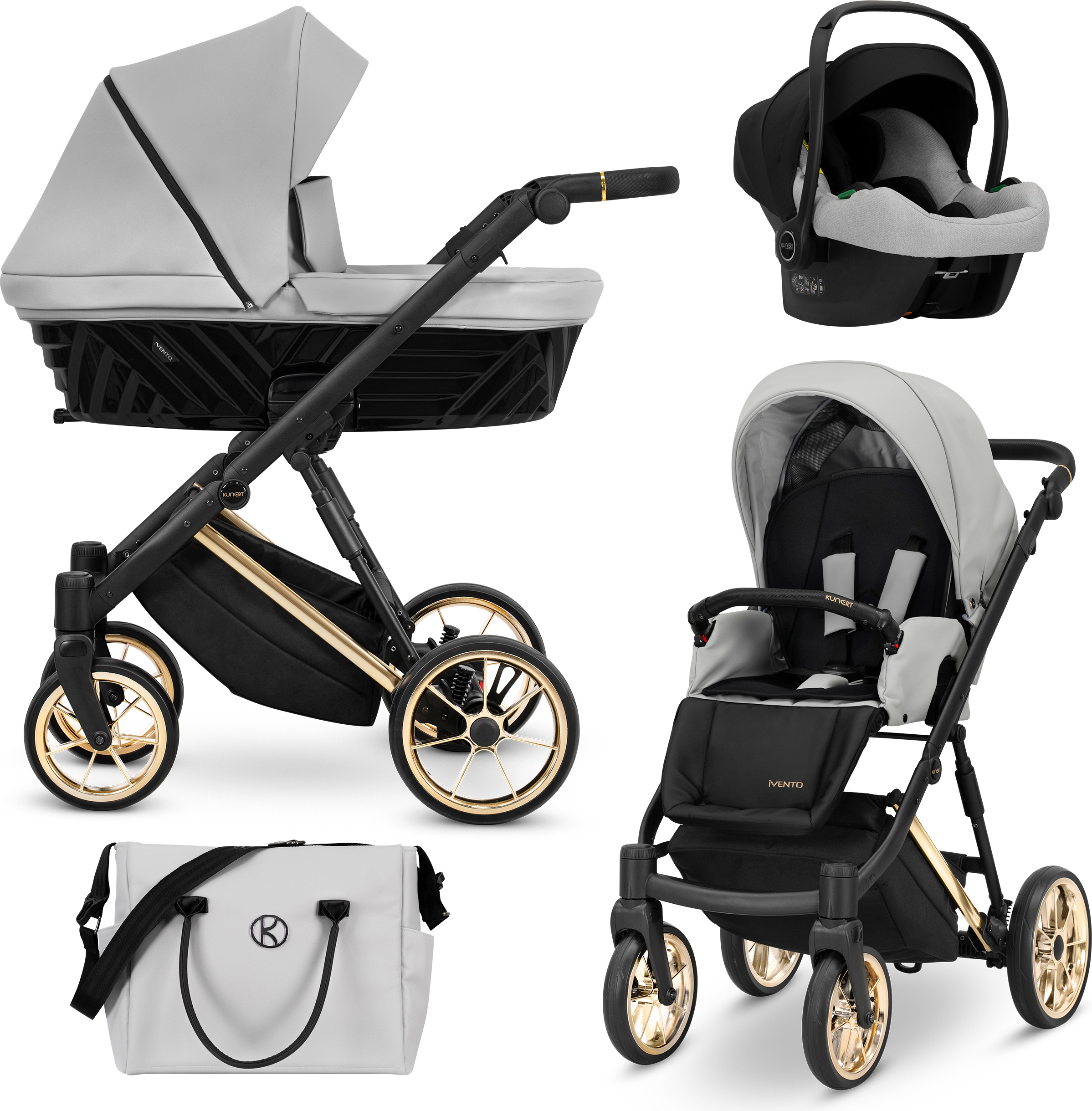 Kunert Kinderwagen IVENTO Sportwagen Babywagen Babyschale Komplettset Kinder Wagen Autositz Set 3 in 1 (Dove Grey, Rahmenfarbe: Gold)
