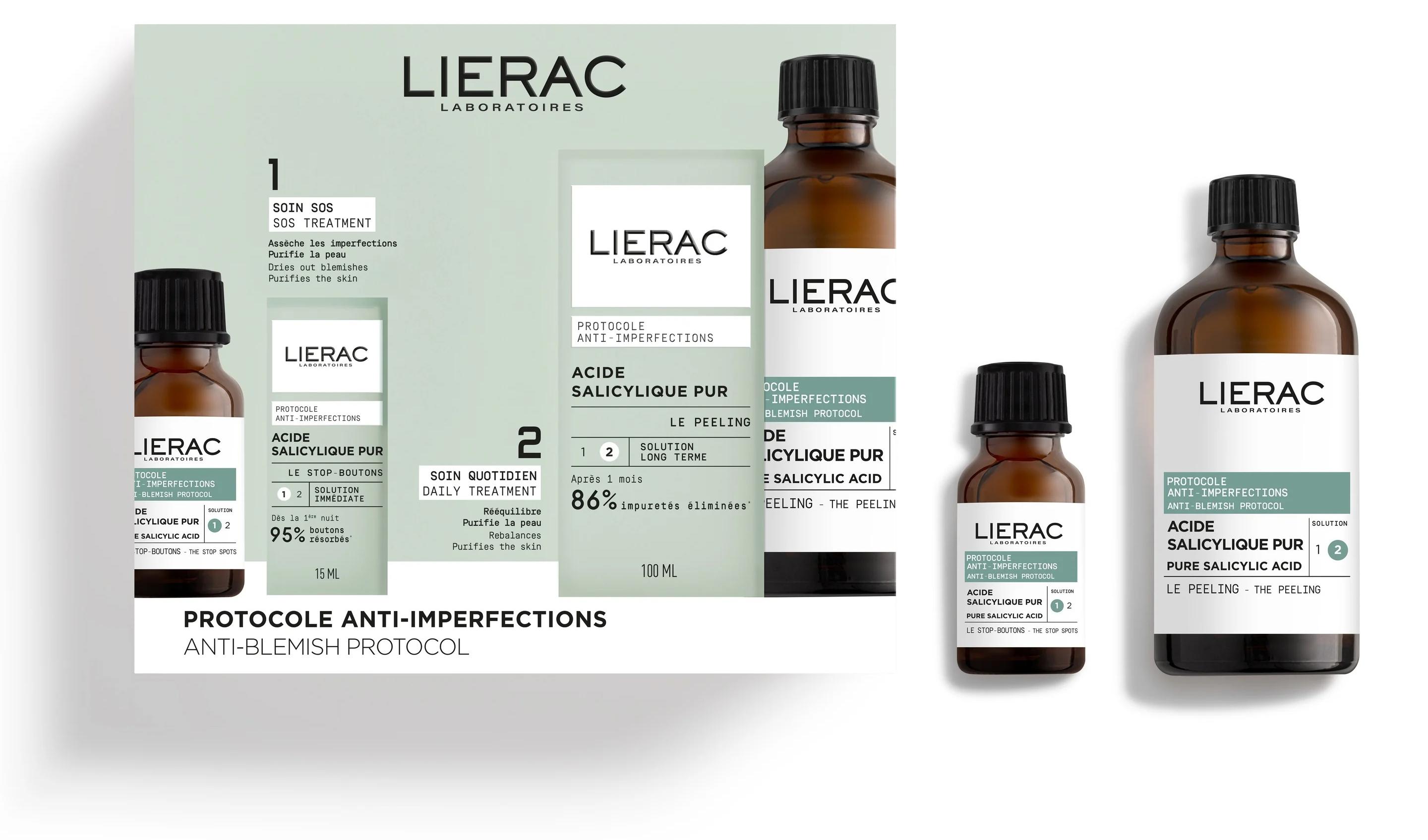 Set Lierac: Anti-Blemish Protocol Stop Spots, Anti-Flecke, lokale Behandlungscreme, fü r Gesicht, 15 ml + Anti-Makel-Peeling, Peeling-Lotion, Peeling-Lotion, 100 ml