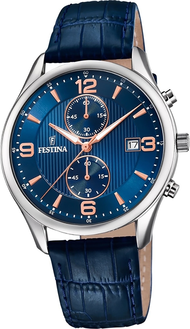 Festina kožené pánske hodinky F6855/6 analógové Quartz remienok hodinky modré retro D2UF6855/6