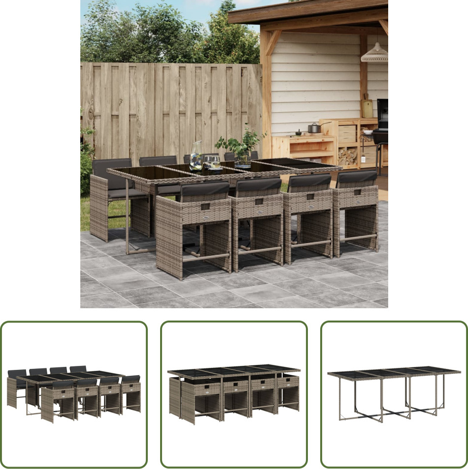 The Living Store 9-dielny záhradný jedálenský set s vankúšmi sivý polyratan