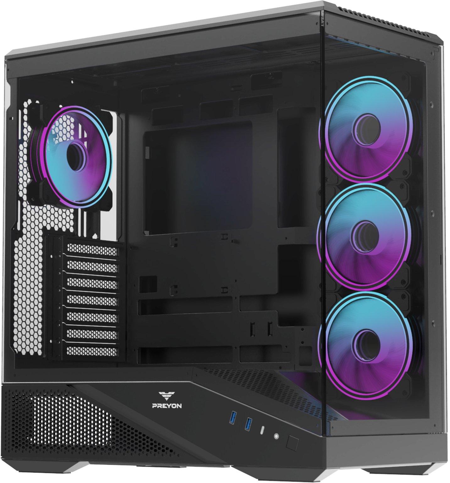 PREYON Nest Seaview Gaming PC Gehäuse ATX ARGB - Gehärtetes Glas Panorama-Design USB-C 360 mm AIO Wasserkühlung Effiziente Kühlung Schwarz Premium