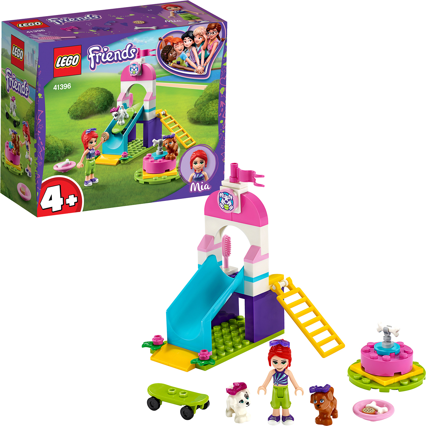 LEGO 41396 Friends Welpenspielplatz, Spielset mit Mia und 2 Hunde-Spielzeugfiguren, Welpenrutsche und Karussell für Vorschulkinder