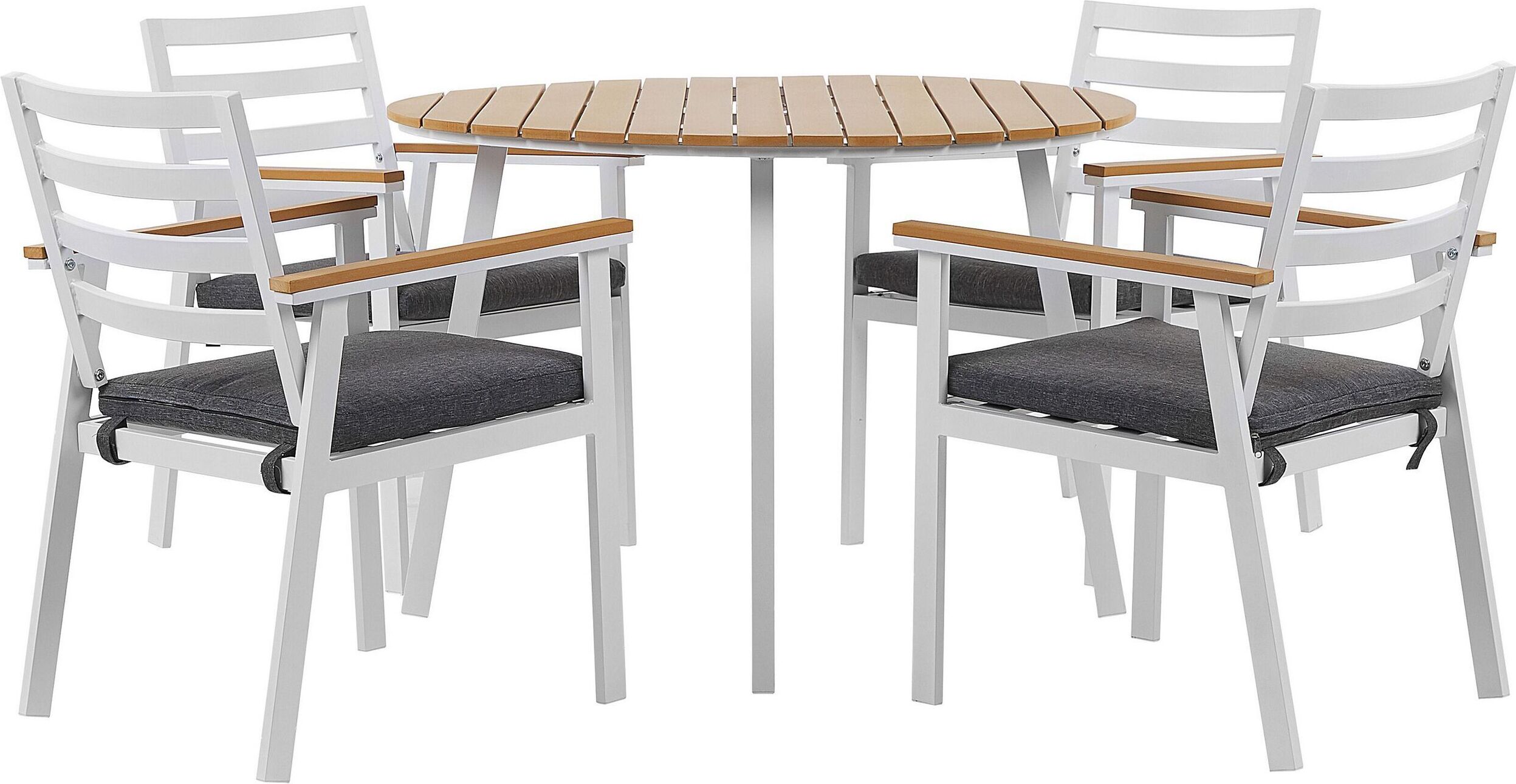 BELIANI Vonkajšia jedálenská zostava z bieleho hliníka okrúhly stôl pre 4 osoby 105 cm 4 stoličky so sivými podsedákmi