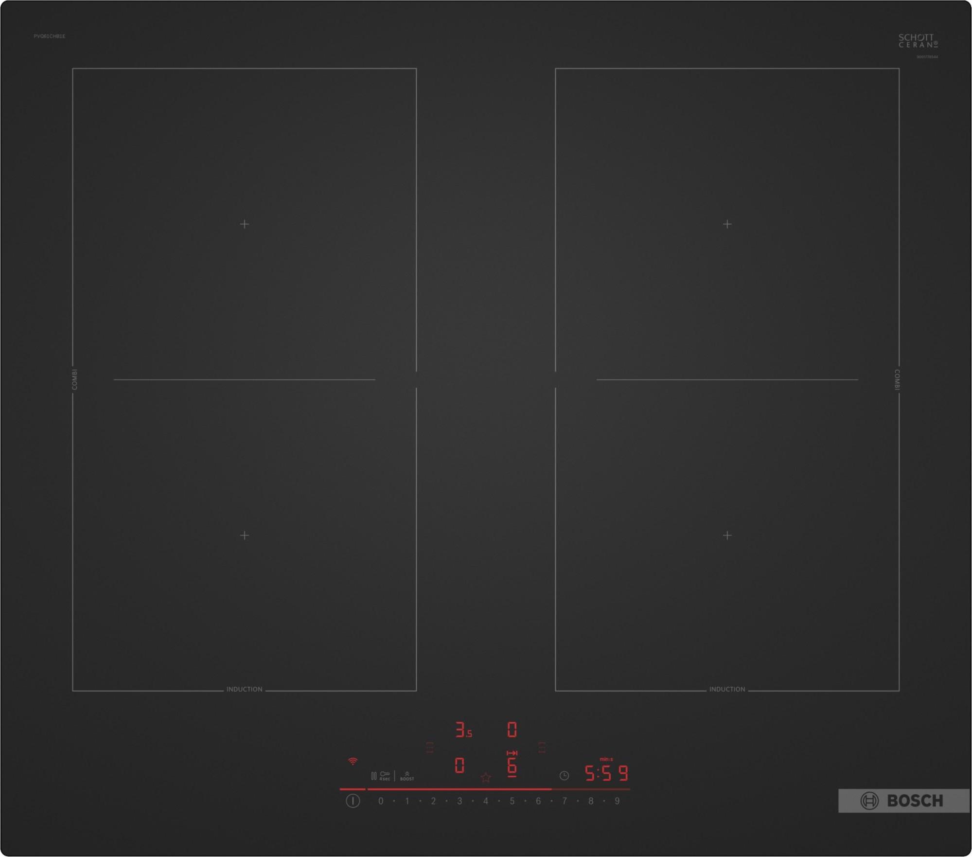 Bosch PVQ61CHB1E, Čierna, Vstavaný, 59.2 cm, Indukčná varná doska so zónami, Sklokeramická, 4 zone(s)