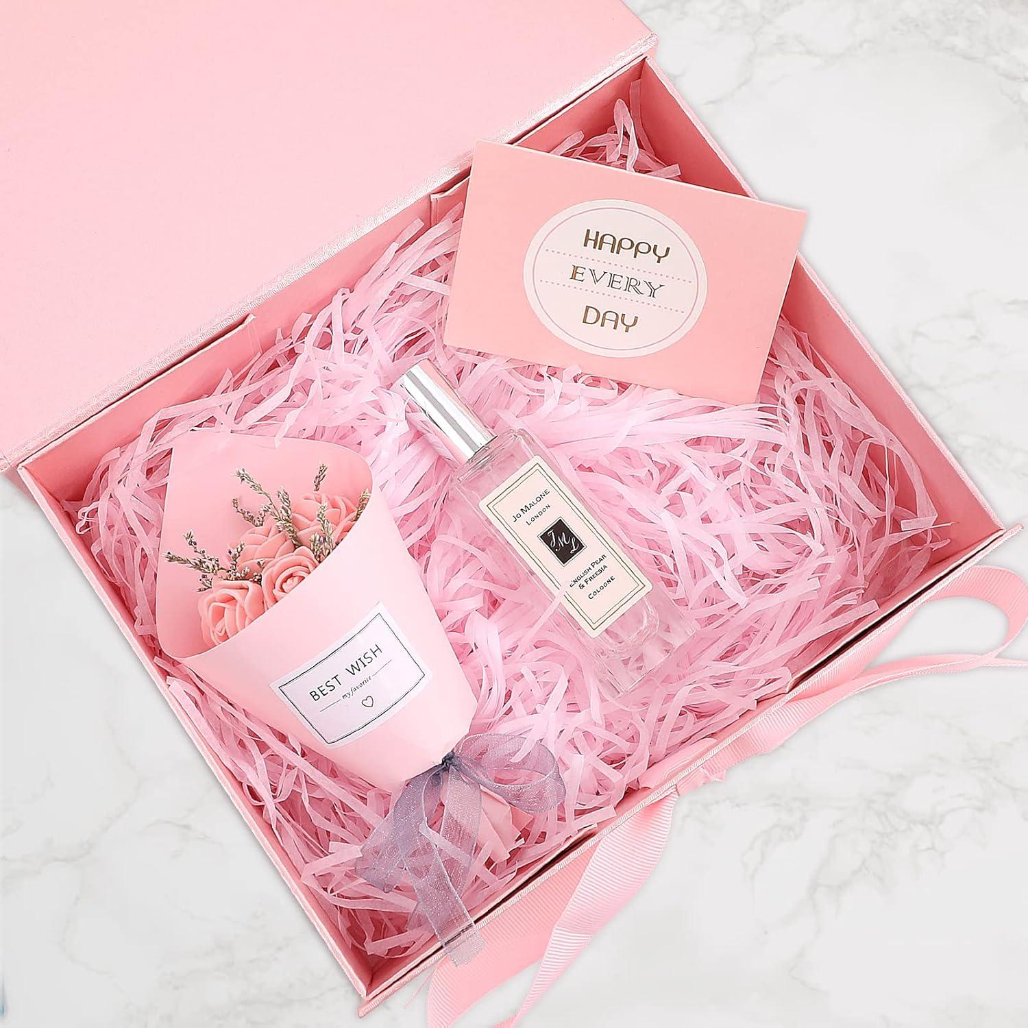 Markenlos Geschenkdoos mit Magnetischem Deckel und Accessoires - Perfekt für Hochzeit, Geburtstag, Weihnachten - Rosa Geschenkverpackung mit Stickern, Band und Papierschnipseln