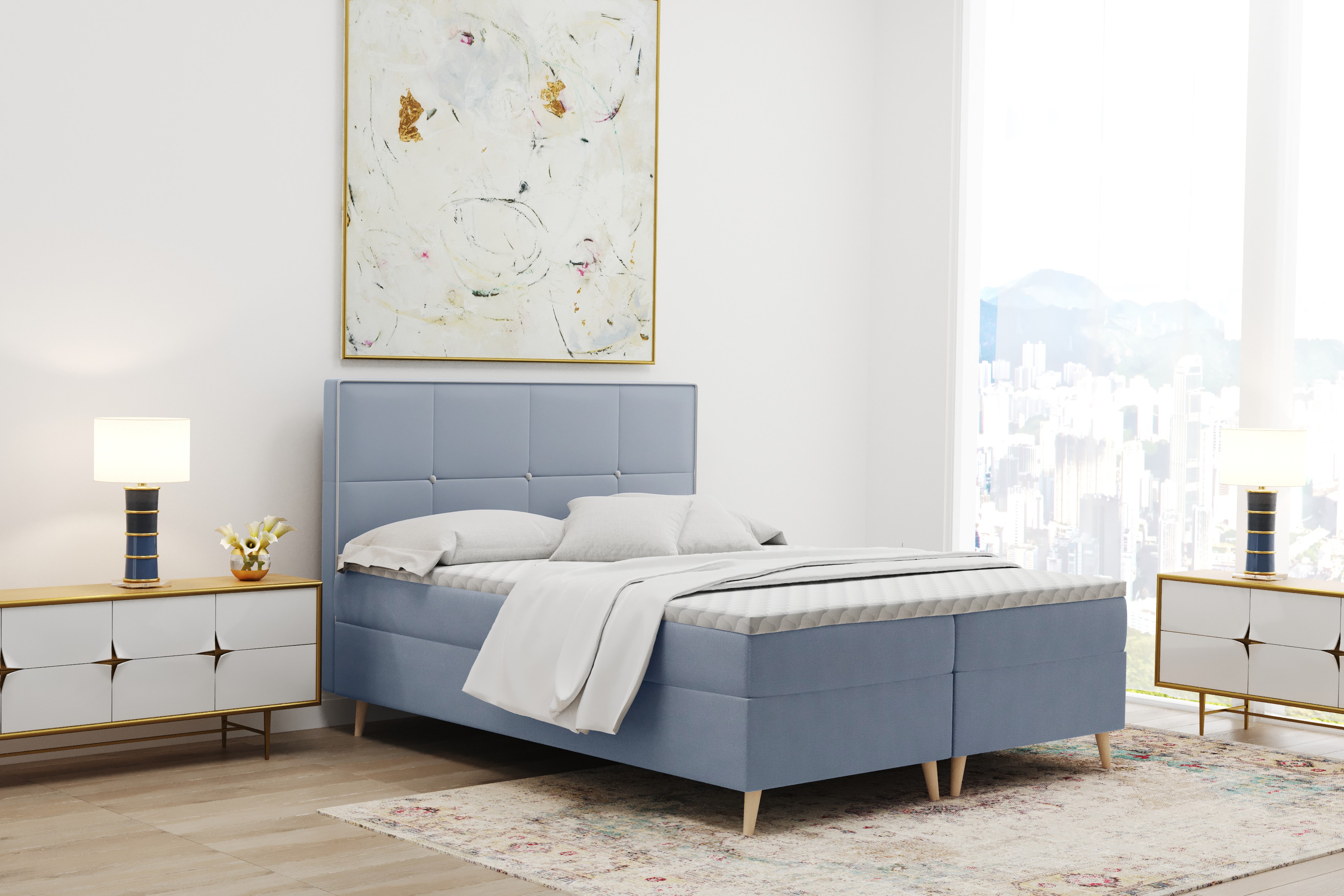 Box spring posteľ s matracom MANILA veľa veľkostí a veľa farieb látka Riviera 180 cm x 200 cm Modrá
