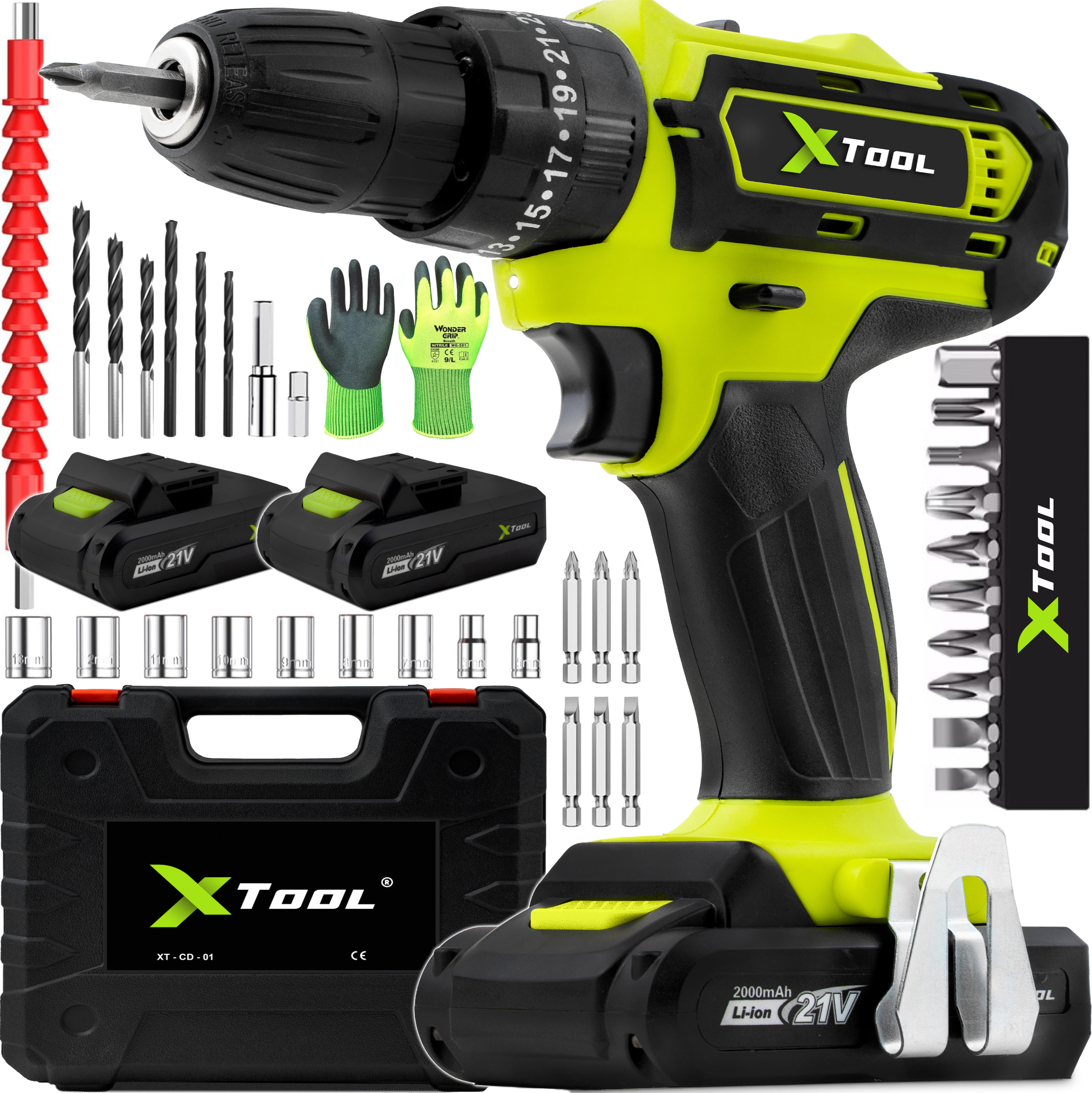XTool 21V akumulátorová príklepová vŕtačka, akumulátorový skrutkovač s 2 Li-Ion batériami 2000 mAh 2 rýchlosti 25 stupňov krútiaceho momentu Vŕtačka s LED svetlom s kufríkom