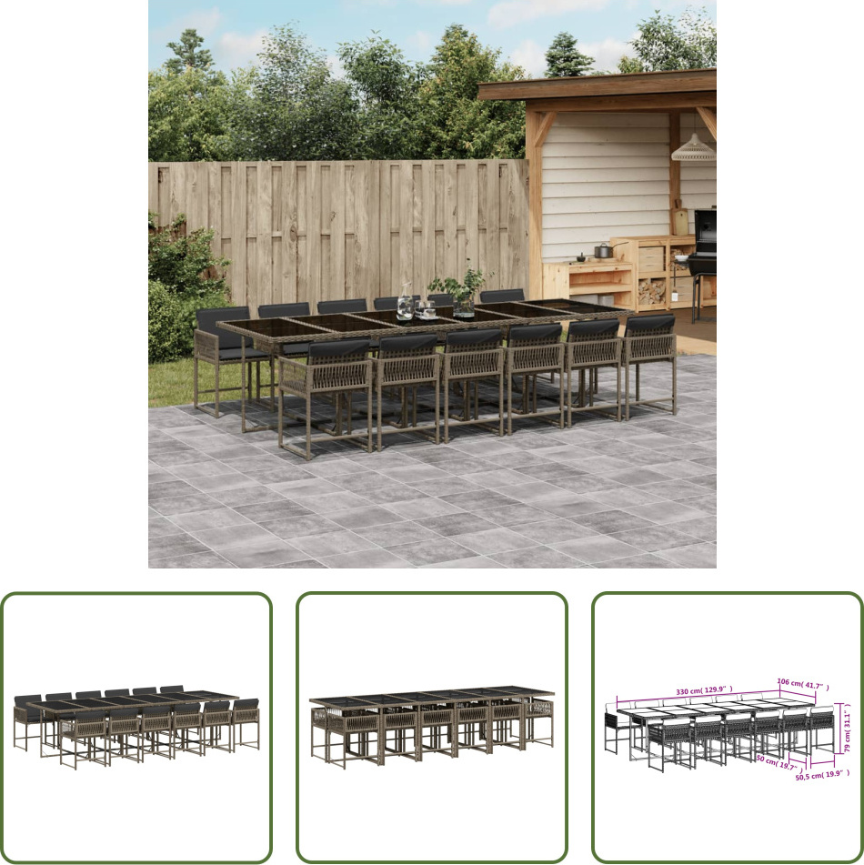 The Living Store 13-dielny záhradný jedálenský set s vankúšmi sivý polyratan