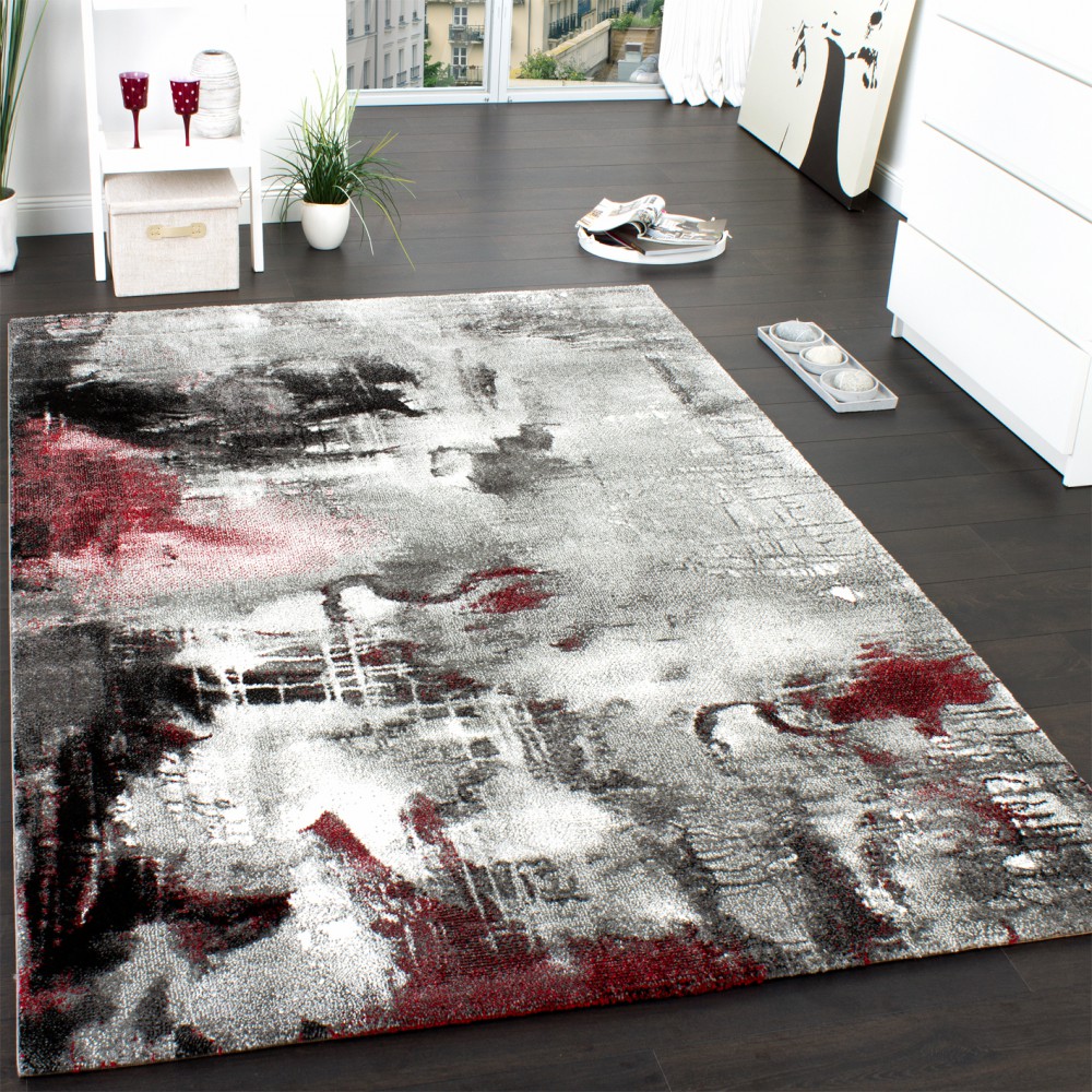 Designer Teppich Modern Wohnzimmer Ölgemälde Abstrakt Rost Optik in Rot Schwarz