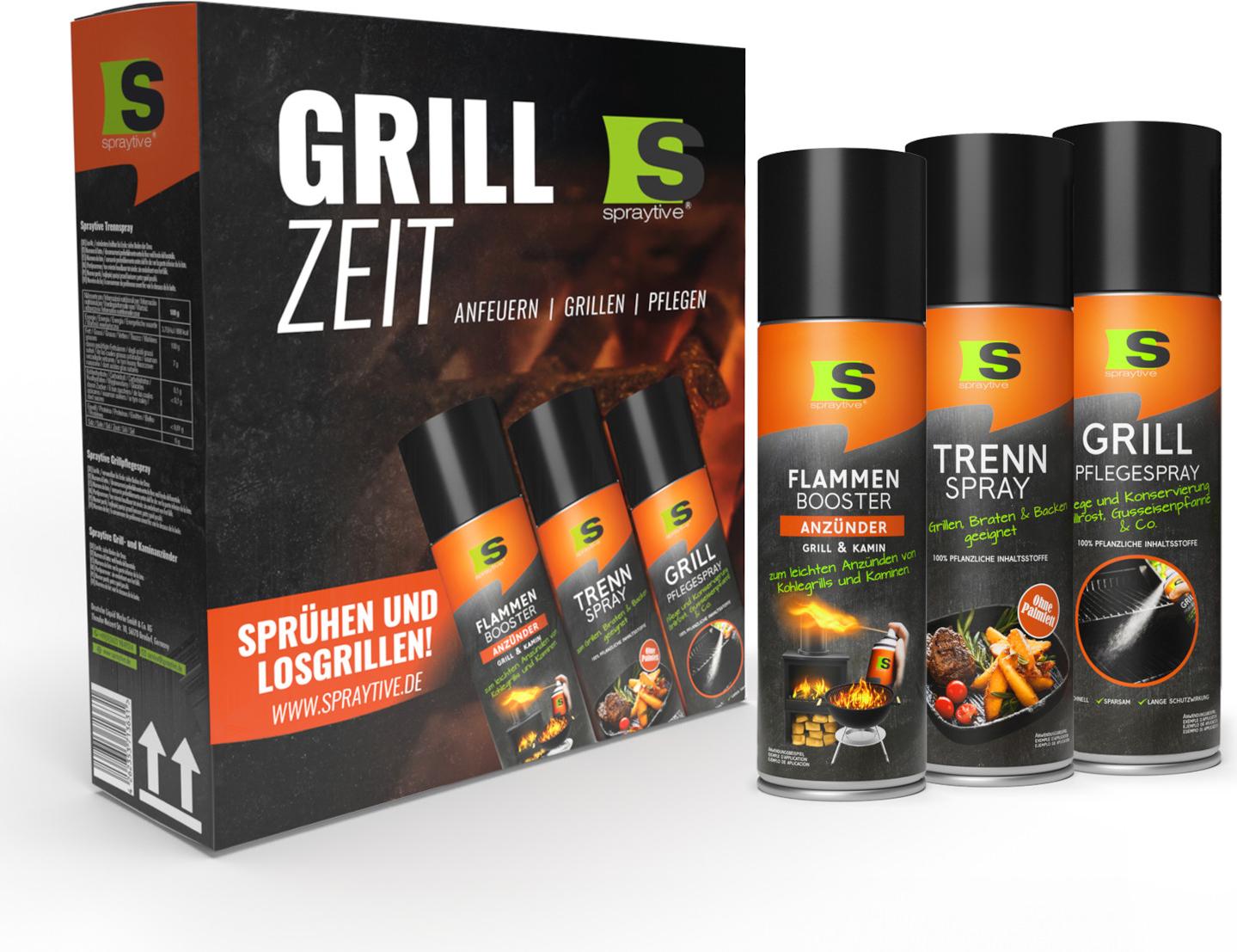 Spraytive Grillzeit BBQ Geschenkset – Grillanzünder Spray, Trennspray & Grillpflegespray – Grillzubehör Set – Grill Geschenk für Männer, Vatertag & Geburtstag