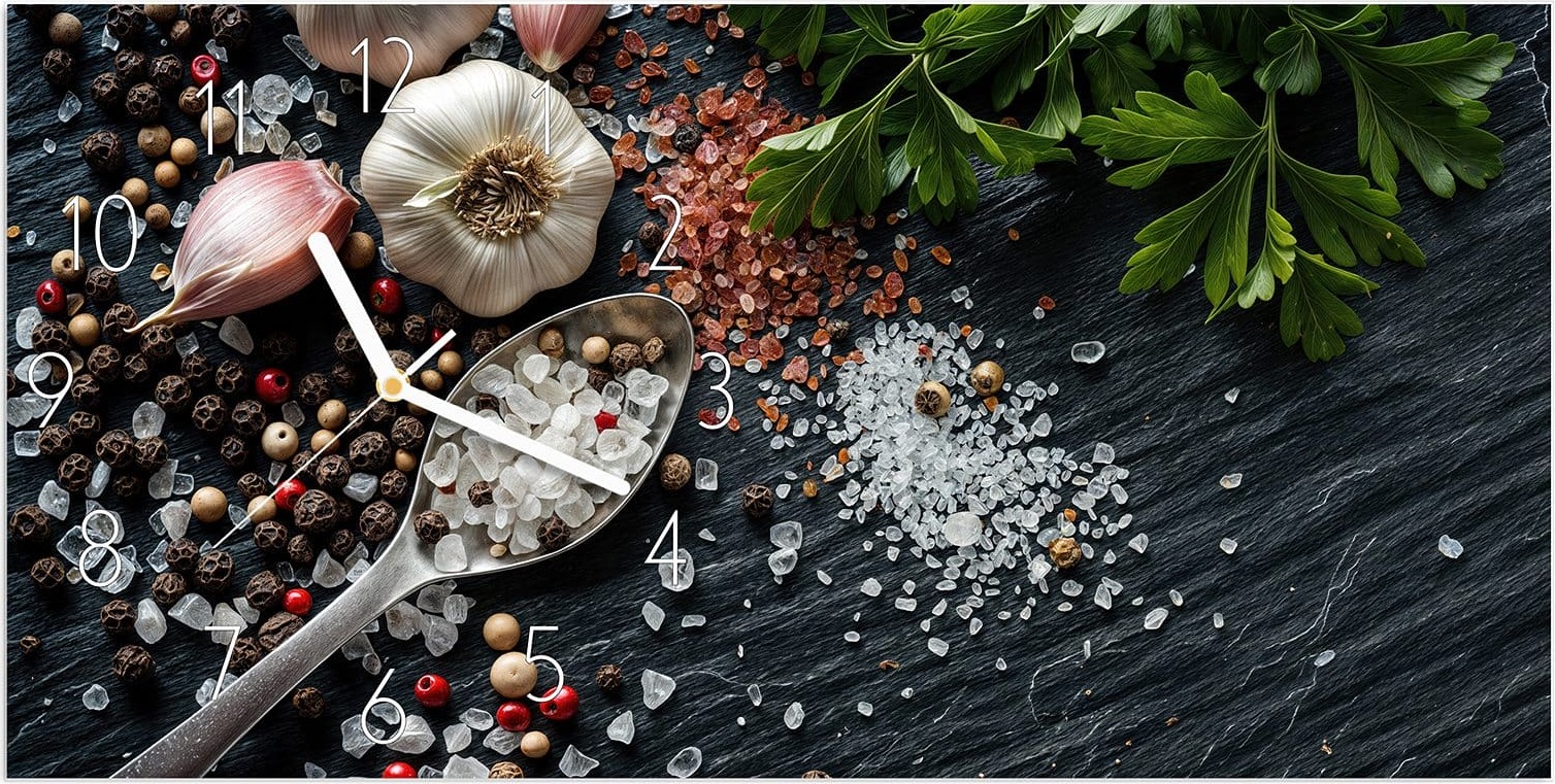 Primedeco Wanduhr aus Glas mit Motiv Küchenzutaten- 60 x 30 cm - inkl. Aufhängesystem