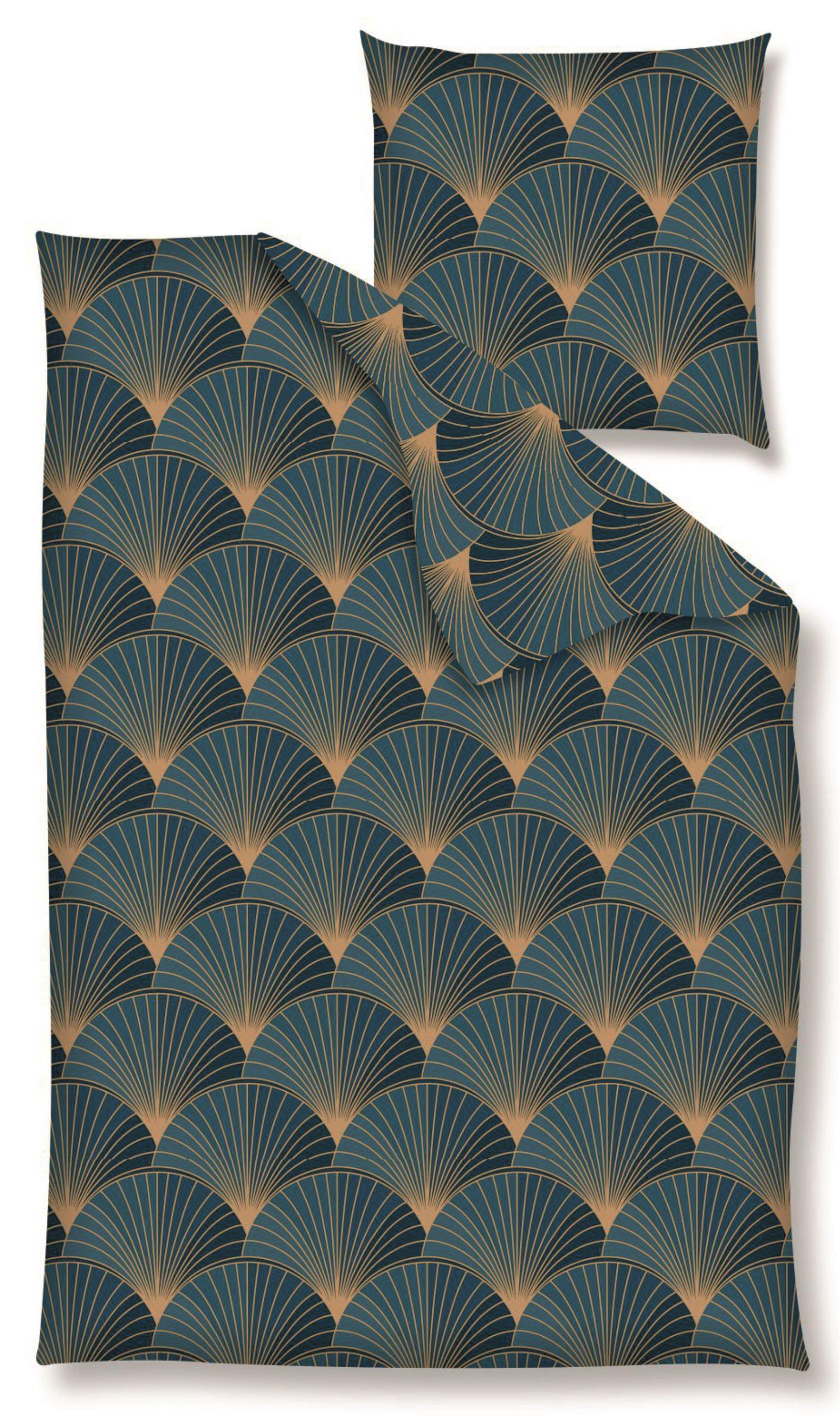 Nanette Lepore Nanette Renforcé Bettwäsche - Fächerstruktur, blau, gold 135 x 200 cm Fächerstruktur, blau, gold 10658