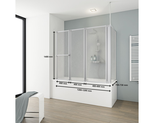 SCHULTE Badewannenaufsatz 3-teilig mit Seitenwand Komfort 128,8 x 140 cm Kunstglas Tropfen Profilfarbe aluminium D1511 0