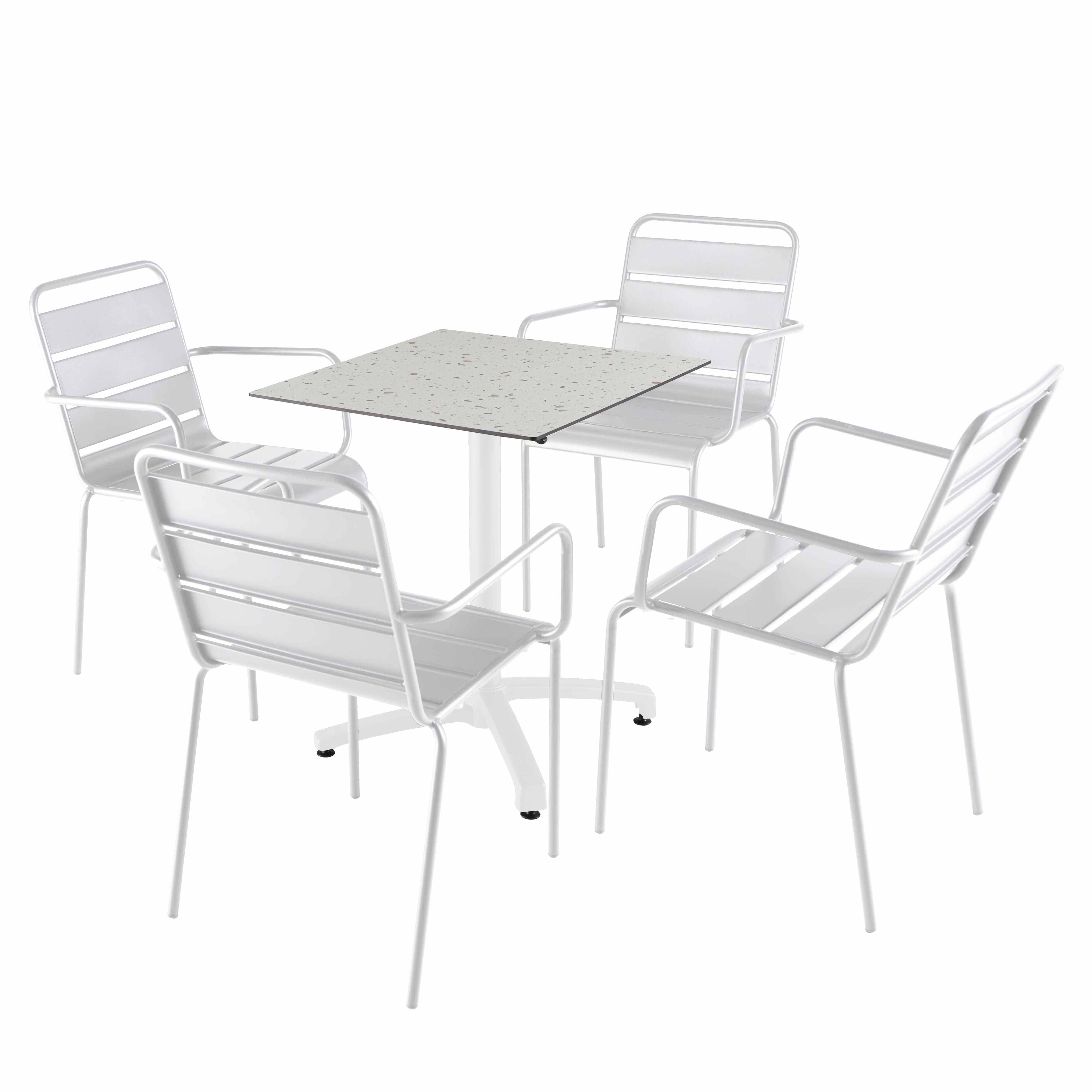 Tisch 60x60 cm neigbar Terrazzo und 4 Weißmetallstühle - Oviala Opéra