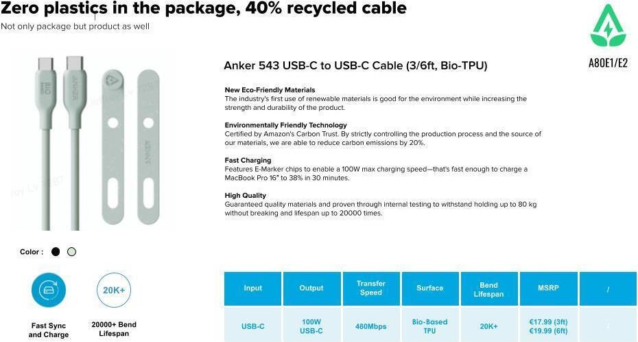 Anker 543 USB-C to USB-C Cable, Eco-friendlyTPU, Green 6ft