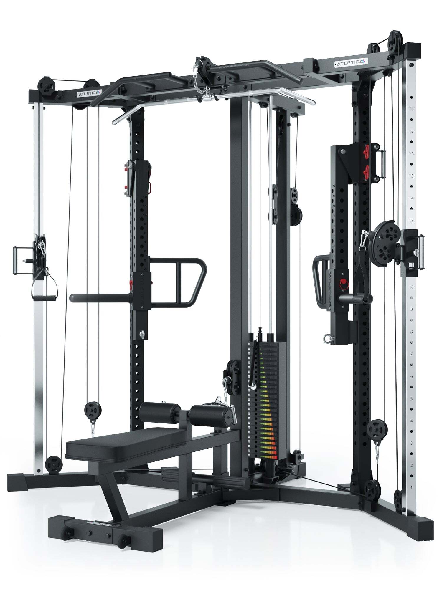 ATLETICA Xtria | Kabelzugstation | 226 cm Höhe | Cross-Over-Kabelzug mit Lat- und Ruderzug | 125kg Gewichtsblock | abnehmbare Hantelbank 555-1643