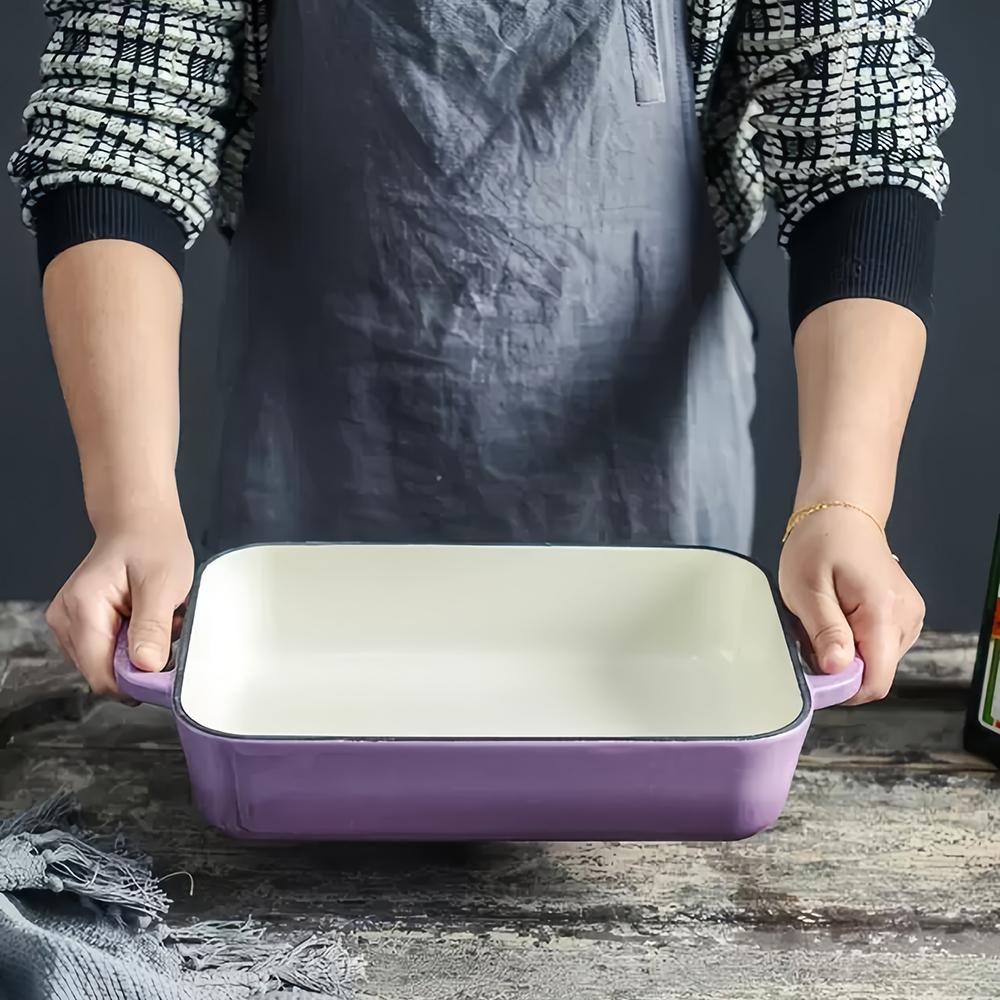 360Home Gusseiserner Emaille-Topf Gratinform mit zwei Griffen Auflaufform Gratinform mit zwei Griffen Quadratische Emaille-Form Lila 26*15.5*7.5cm /ZKP/