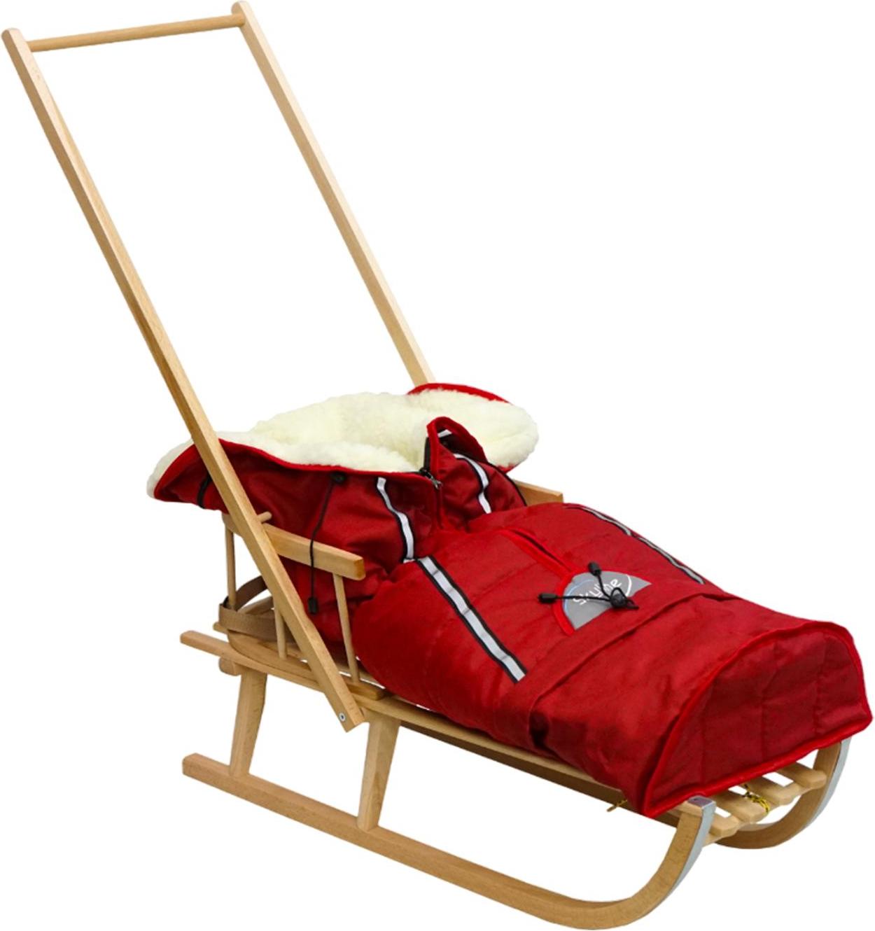 SIGMATEC Holzschlitten für Kinder mit Rückenlehne, Anschieber und Schlafsack, massiv polnisch
