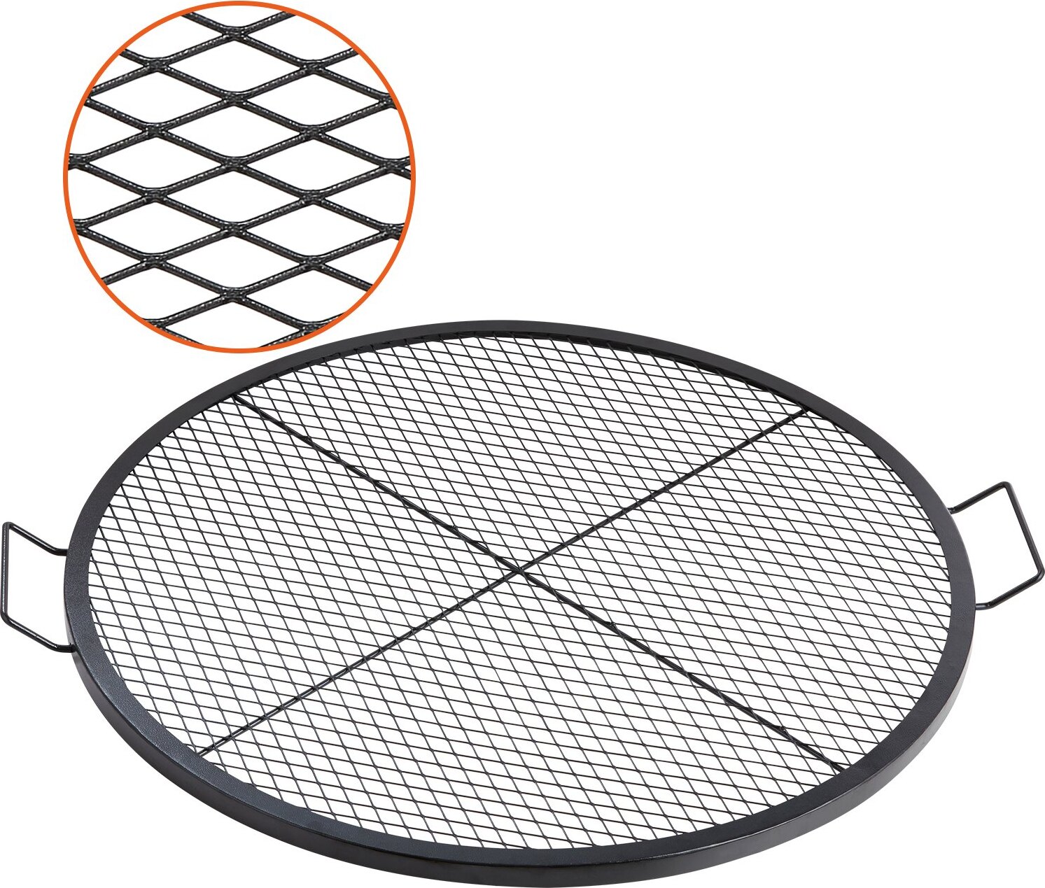 Grilovací rošt X-Marks, Φ 910 x 25 mm, oceľový grilovací rošt s rukoväťou a nosným drôtom X, prenosný kempingový riad na párty a stretnutia v prírode, čierny