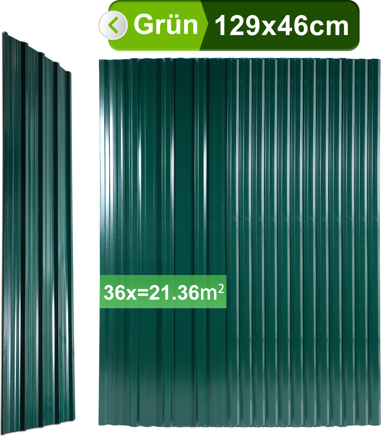 TolleTour trapézový profilovaný plech 129x46cm profilovaný plech zelený 12/24/36 sada plechov pre prístrešok na auto - 36x = 21m²