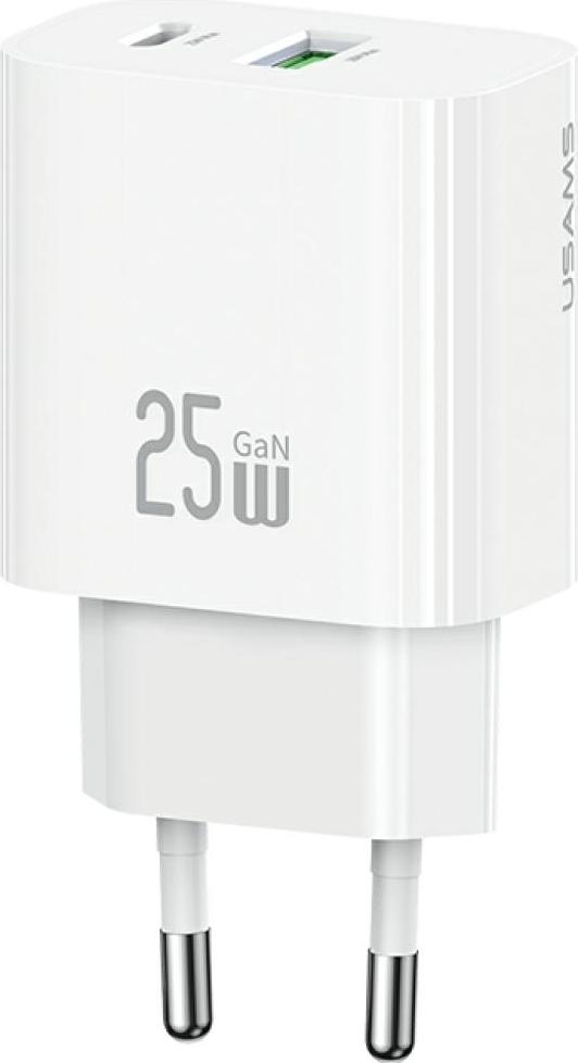 USAMS CC315 T65 25 W nabíjačka do zásuvky 1xUSB-C 1xUSB-A rýchlonabíjací konektor Biela