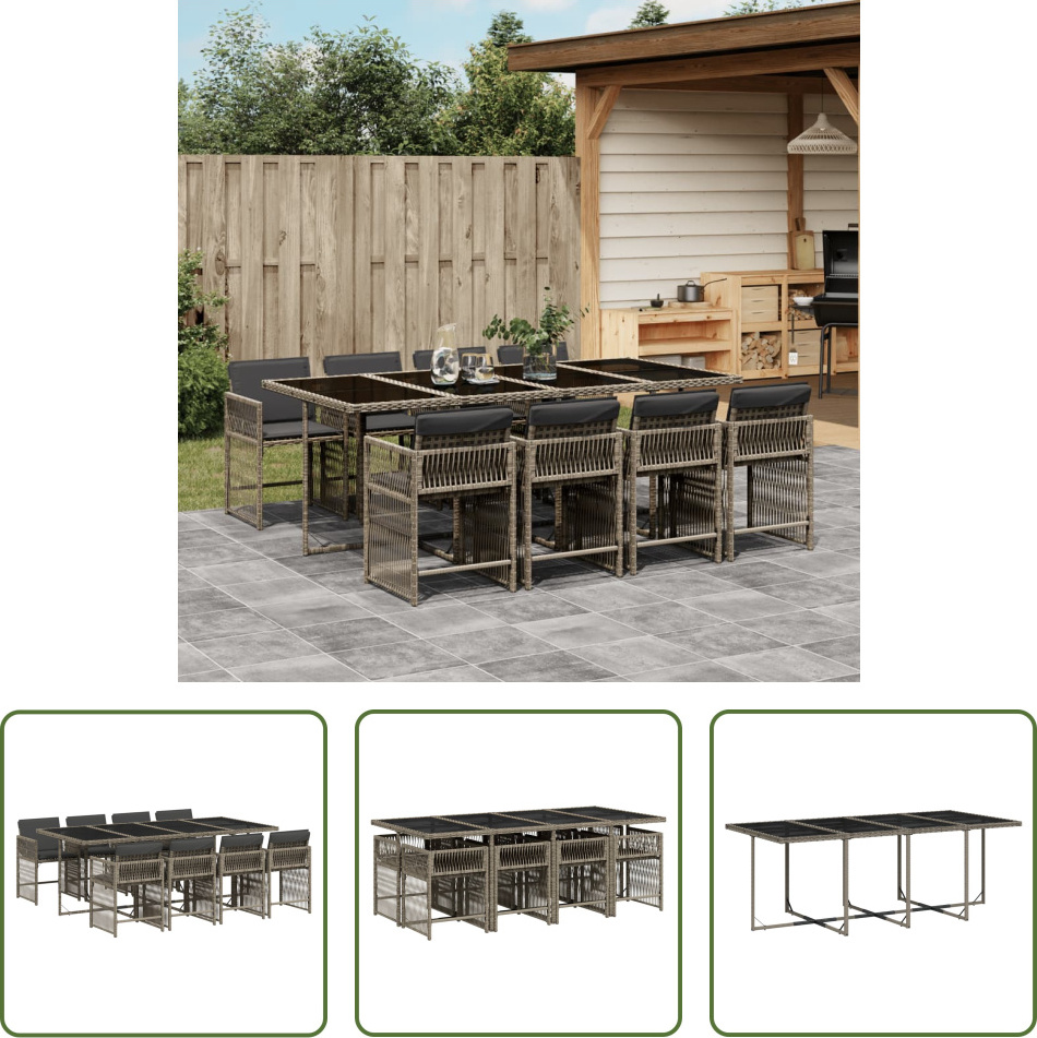 The Living Store 9-dielny záhradný jedálenský set s vankúšmi sivý polyratan