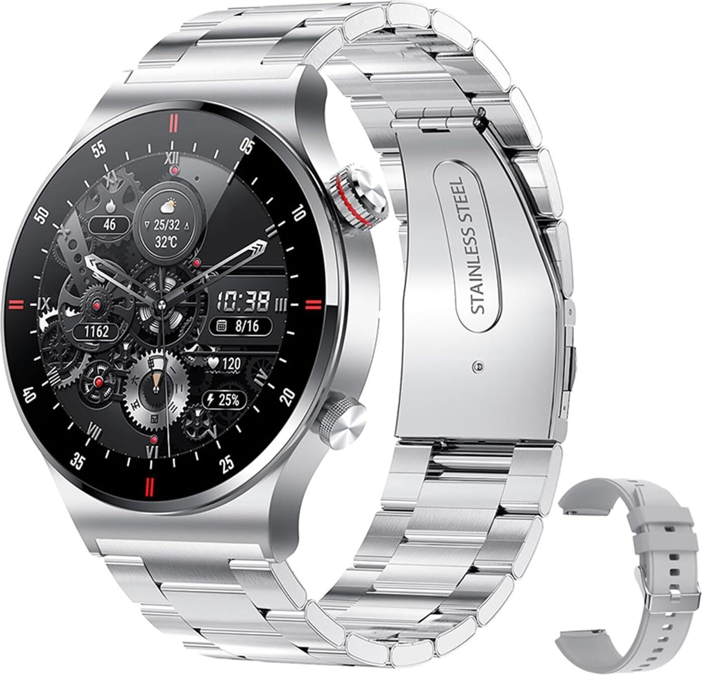 Pánske inteligentné hodinky 1,28 palca Smartwatch IP67 vodotesné športové hodinky BT5.1 Smartwatch Fitn Traer multifunkčné hodinky kompatibilné s Android5.0/iOS10.0, muži , strieborná