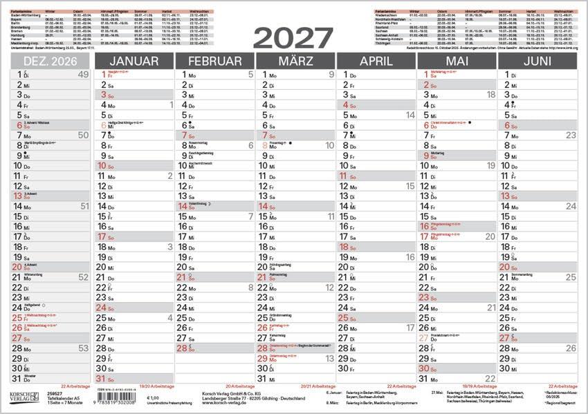 Korsch Tafelkalender A5 2027: 14 Monate auf Vorder- und Rückseite I Ferientermine und Feiertage