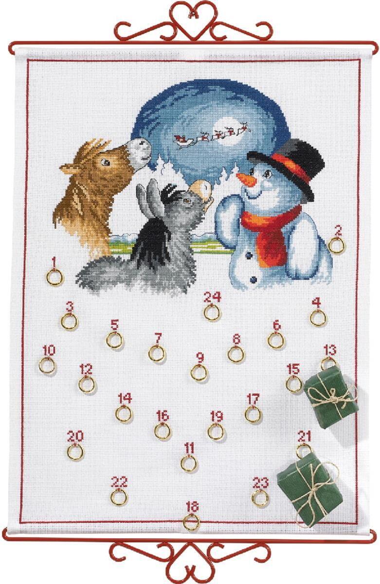 Eva Rosenstand sada na vyšívanie krížikom "Adventný kalendár, snehuliak so zvieratami", počítanie vzorov, 38x52cm