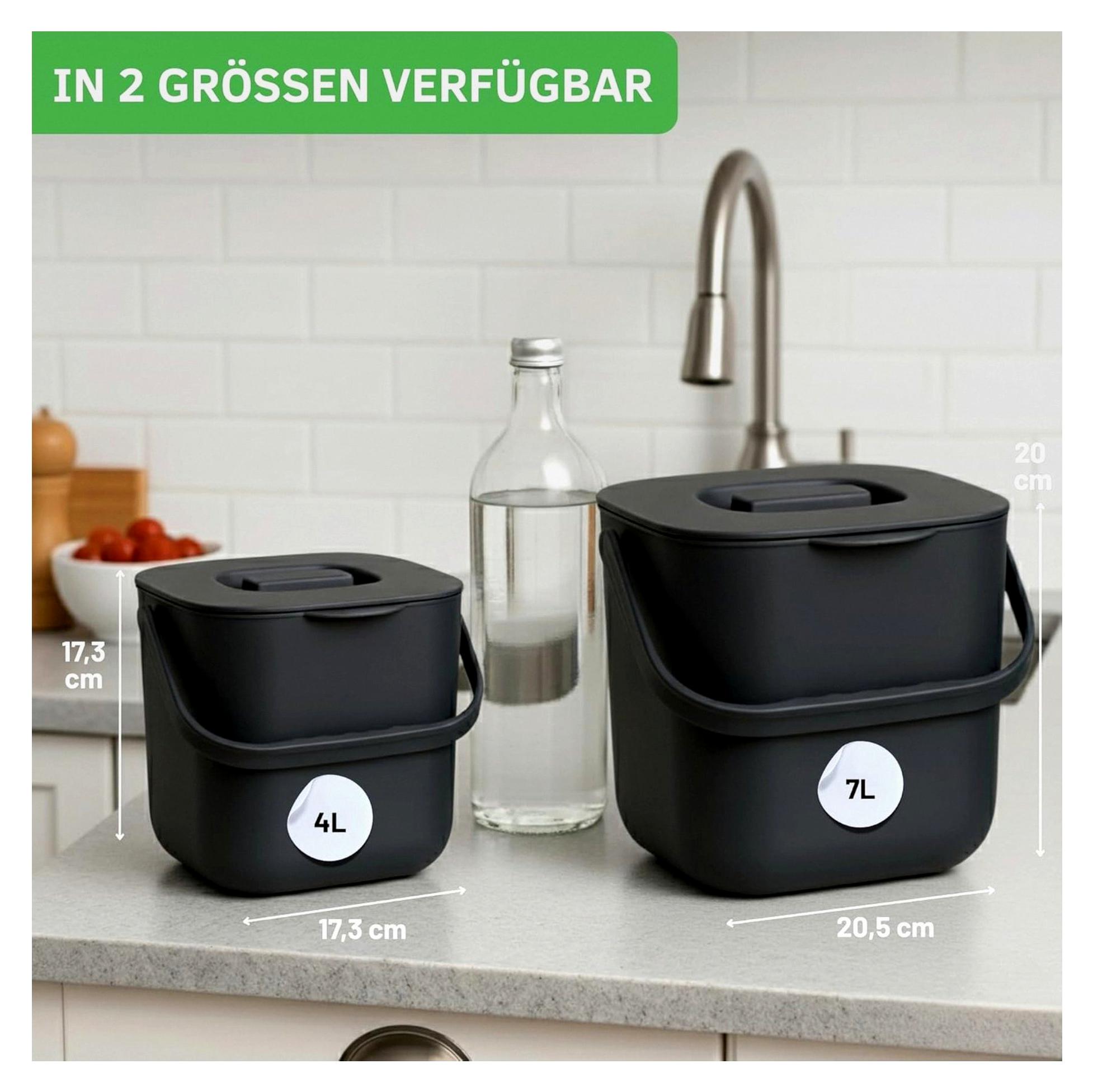 Markenlos Biomülleimer Küche 4L - Komposteimer mit herausnehmbarem Sieb & Deckel - geruchsdicht, spülmaschinenfest & ohne Biomülltüten - kleiner Mülleimer für saubere Küchen (Anthrazit)