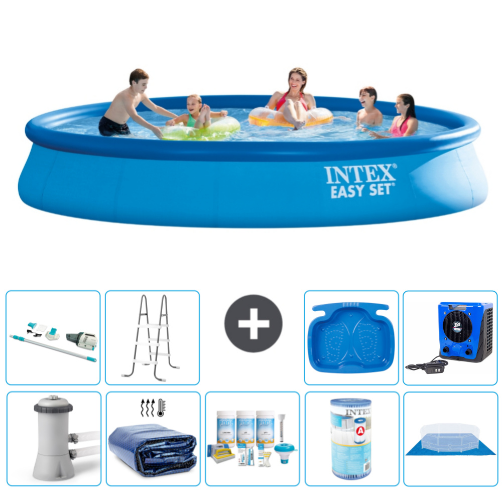 Okrúhly nafukovací bazén Intex Easy Set - 457 x 84 cm - modrý - vrátane markízy s čerpadlom - balík na údržbu - filter - krycia plachta - vysávač - rebrík