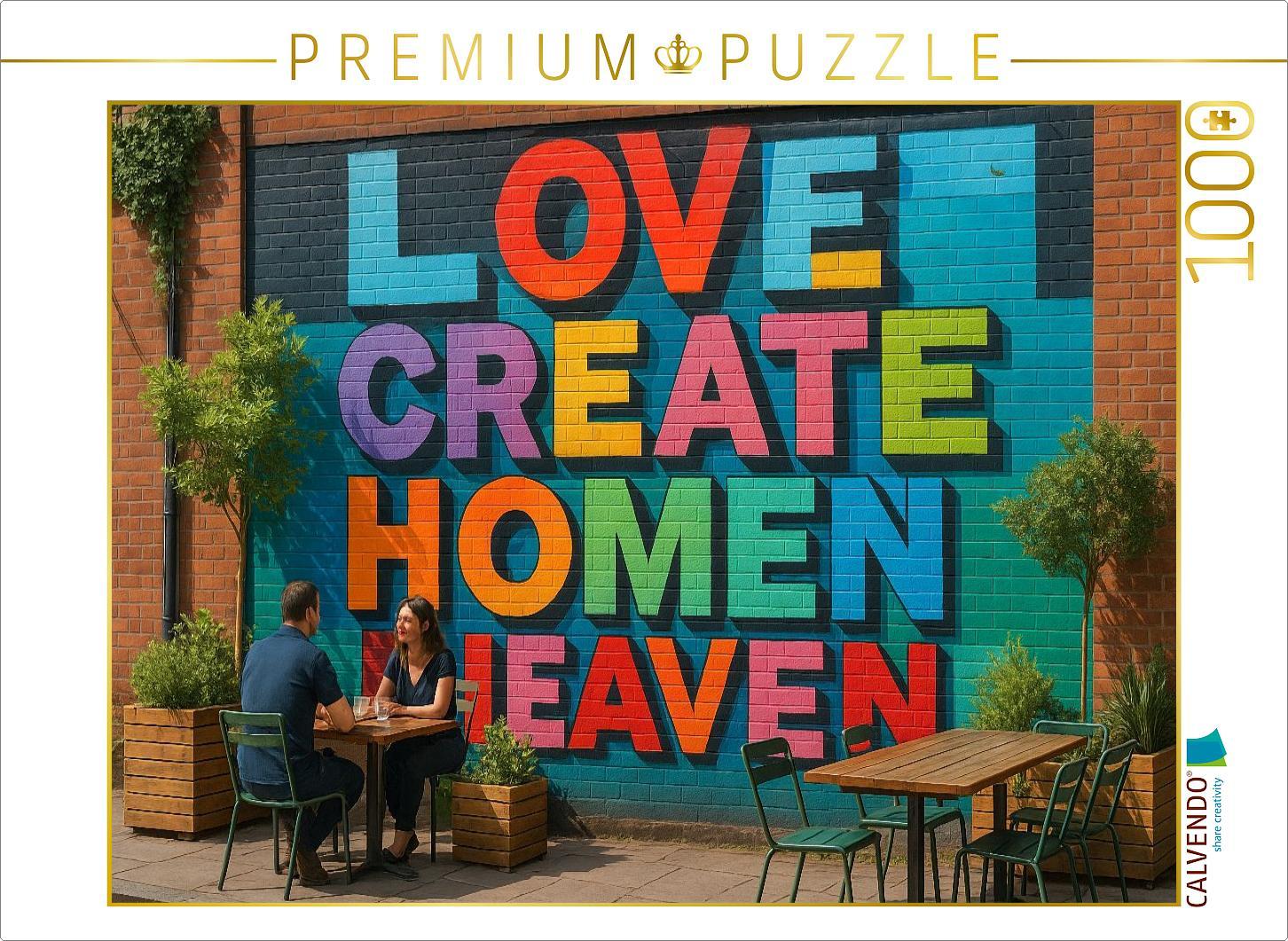 CALVENDO Puzzle Straßencafe mit Botschaft - Mural an einer Wand | 1000 Teile Lege-Größe 64x48cm Foto-Puzzle für glückliche Stunden