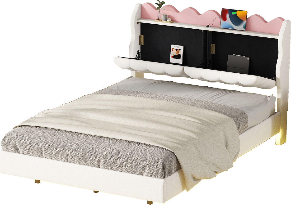 Doppelbett,Polsterbett(Beige,140x200cm)Hängebett,Polsterbett mit Nachtkästchen, Polsterbett mit Lichtleiste, Polsterbett mit USB-Ladeanschluss