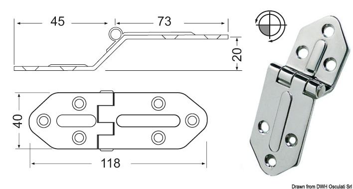 Osculati Scharnier herausragender Kern 118x40 mm , 1 Stück 38.445.05
