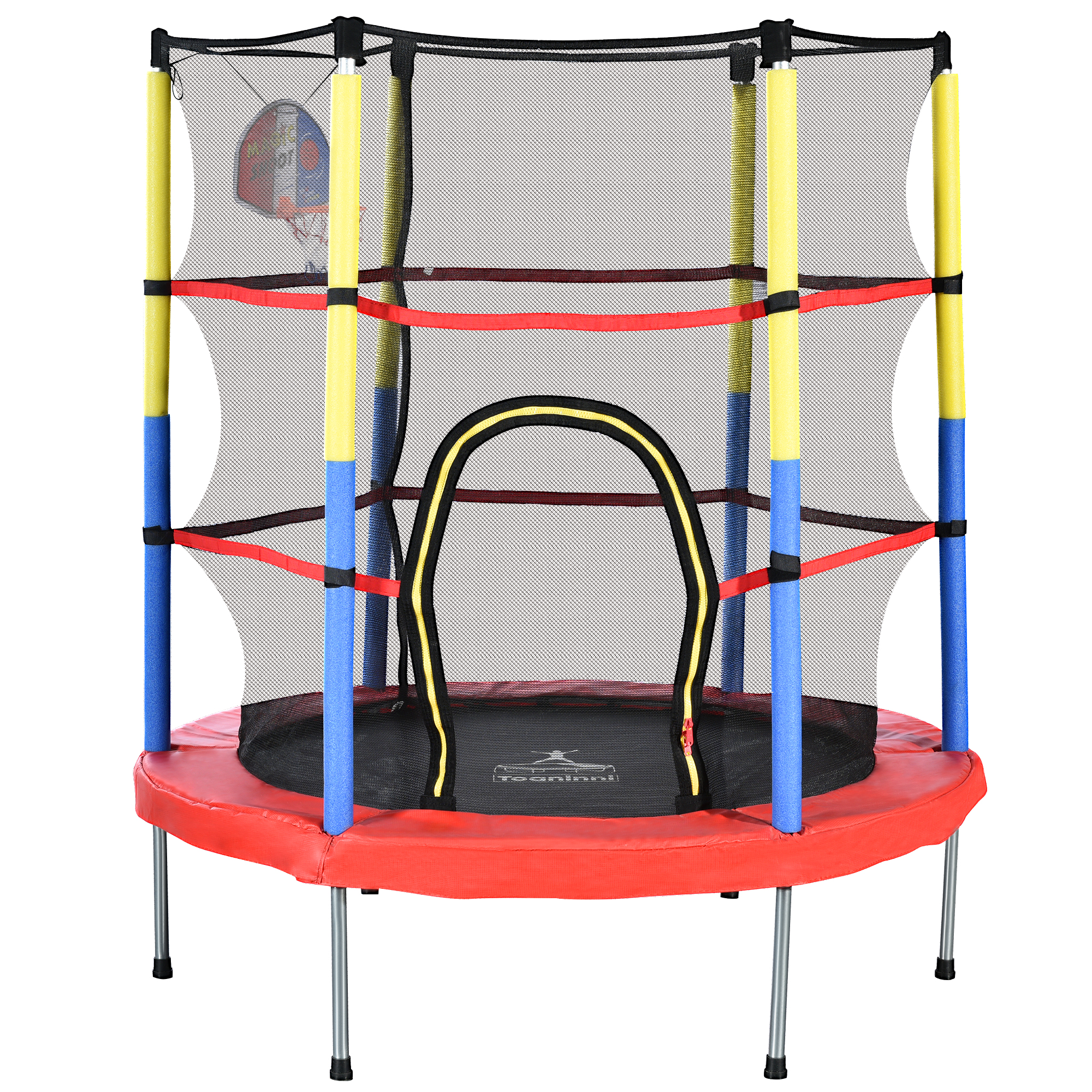 Merax Mini trampolína φ140 cm detská trampolína s bezpečnostnou sieťou a basketbalovým košom, vnútorná a vonkajšia trampolína pre deti, fitness trampolína s nosnosťou do 45 kg, červená/žltá/modrá