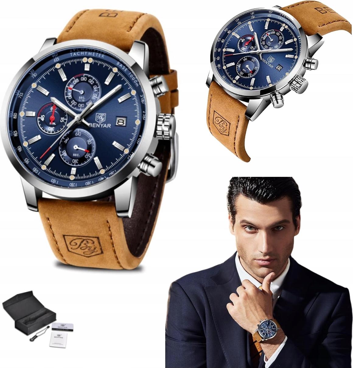 Benyar herren armbanduhr chronograph lederarmband datum elegant klassisch