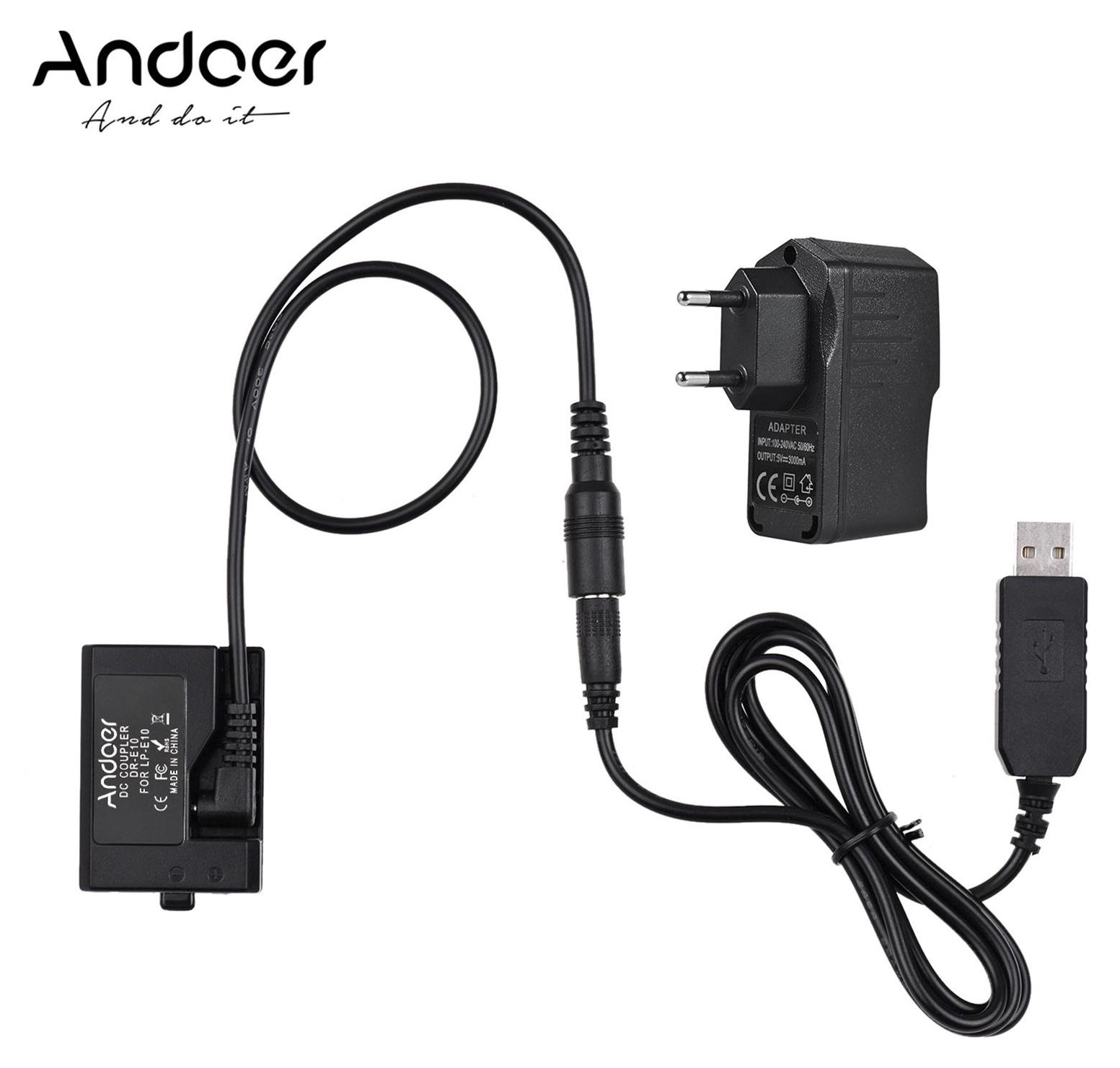 Andoer ACK-E10 5 V USB napájací adaptér s fiktívnou batériou (náhrada za LP-E10) s napájacím zdrojom Kompatibilný s Canon EOS Rebel T3 / T5 / T6 / T7 / T100 / Kiss X50 / Kiss X70 / 1100D / 1200D / 1300D / 2000D / 4000D